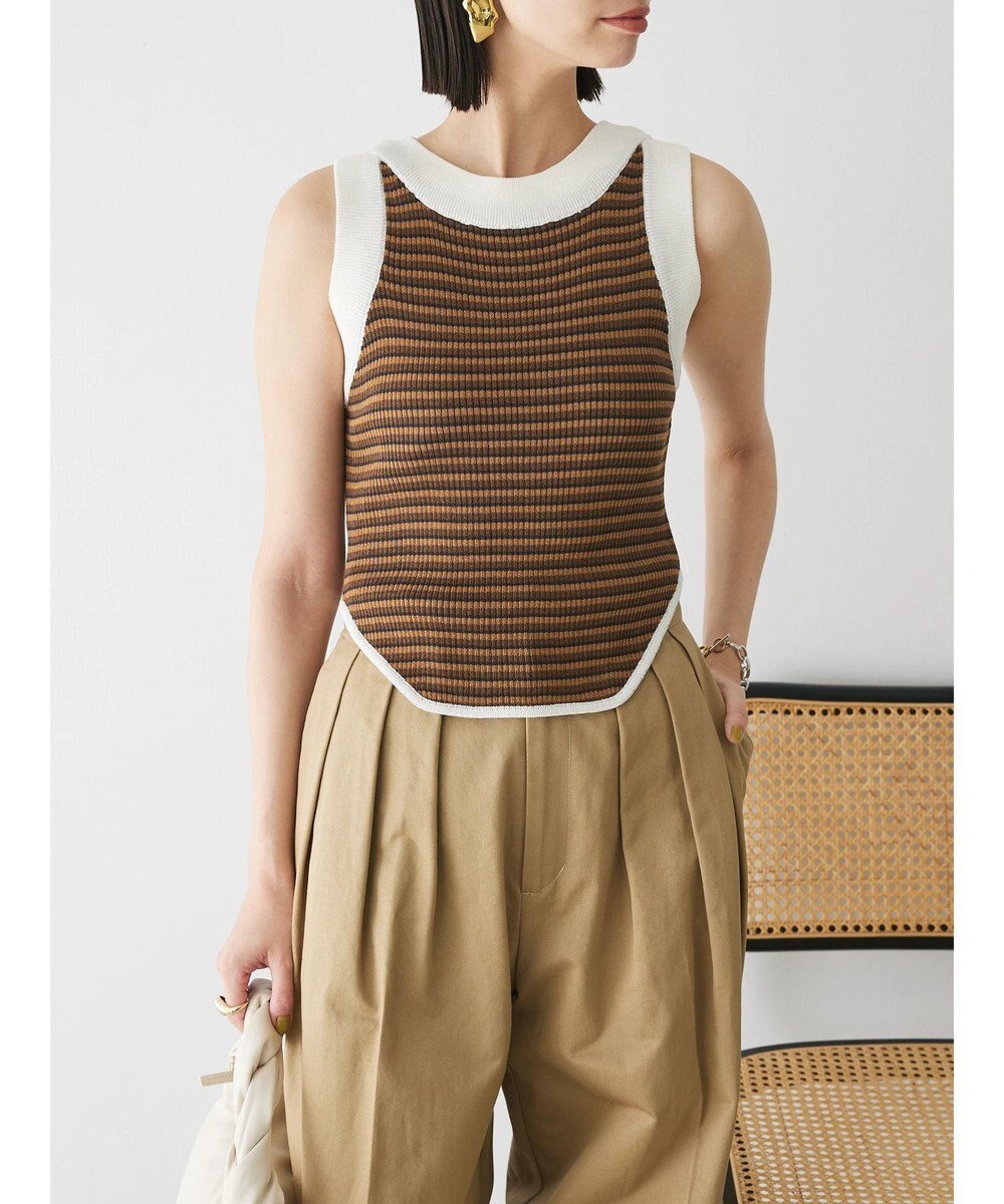 【グリーンパークス/Green Parks】のデザインヘム配色ニットタンクトップ インテリア・キッズ・メンズ・レディースファッション・服の通販 founy(ファニー) 　ファッション　Fashion　レディースファッション　Fashion for Women　トップス・カットソー　Cut & Sew Tops　ニット　Knit Tops & Sweaters　タンク　Tank Top, Sleeveless Top　ボーダー　Border, Stripe　ポケット　Pocket, Pocket Detail　夏　Summer　春　Spring　S/S・春夏　SS, Spring/Summer, Warm Season　Brown|ID: prp329100004550232 ipo3291000000032873676