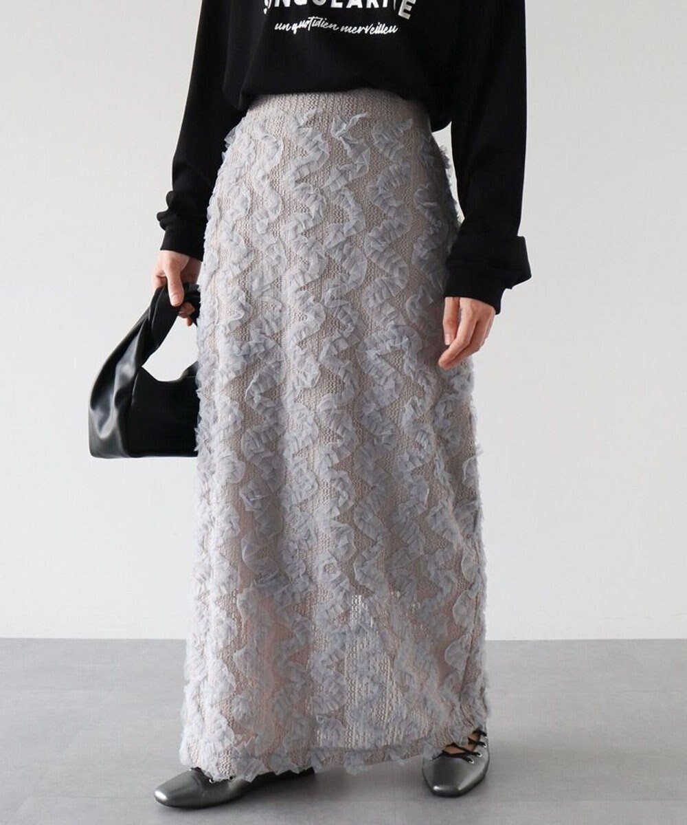 【グリーンパークス/Green Parks】のチュールフリルIラインスカート インテリア・キッズ・メンズ・レディースファッション・服の通販 founy(ファニー) 　ファッション　Fashion　レディースファッション　Fashion for Women　スカート　Skirts　おすすめ　Recommended / Our Picks　ウェーブ　Wavy Pattern　シンプル　Simple, Minimal　スリット　Slit, Slit Detail　トレンド　Trend, Trending Now　ポケット　Pocket, Pocket Detail　A/W・秋冬　Autumn/Winter　Gray|ID: prp329100004551795 ipo3291000000033674359