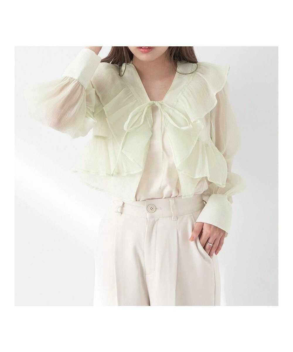 【アースミュージックアンドエコロジー/earth music&ecology】のフリルシアーブラウス インテリア・キッズ・メンズ・レディースファッション・服の通販 founy(ファニー) 　ファッション　Fashion　レディースファッション　Fashion for Women　トップス・カットソー　Cut & Sew Tops　シャツ・ブラウス・オフィスカジュアル　Elegant Blouses & Button-Ups　シアー　Sheer, See-Through　フェミニン　Feminine, Girly　フリル　Frill, Ruffle　フロント　Front, Front Design　ポケット　Pocket, Pocket Detail　リボン　Ribbon, Bow　夏　Summer　春　Spring　S/S・春夏　SS, Spring/Summer, Warm Season　Green|ID: prp329100004554046 ipo3291000000033689516