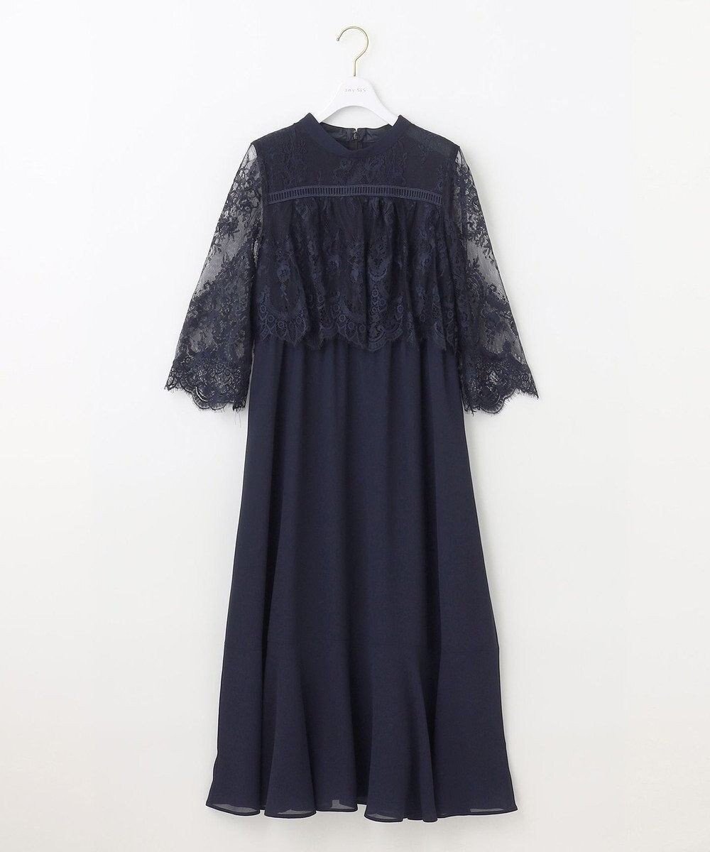 【エニィ スィス/any SiS】の【洗える】レーシーケープ ドレス インテリア・キッズ・メンズ・レディースファッション・服の通販 founy(ファニー) 　ファッション　Fashion　レディースファッション　Fashion for Women　ワンピース　Dresses　フォーマル・パーティードレス・結婚式用ドレス　Elegant & Casual Dresses　クラシカル　Classical, Vintage-Inspired　シフォン　Chiffon, Lightweight Fabric　ジョーゼット　Georgette, Semi-Sheer Fabric　スカラップ　Scallop, Scalloped Edge　スタンド　Stand Collar, Upright Stand　ドレス　Dress, One-Piece　レース　Lace, Lace Fabric　エレガント 上品　Elegant　夏　Summer　新作・新入荷　New Arrivals / New In　春　Spring　S/S・春夏　SS, Spring/Summer, Warm Season　楽ちん　Easy Fit, Comfortable　洗える　Machine Washable　ネイビー|ID: prp329100004554277 ipo3291000000032188440