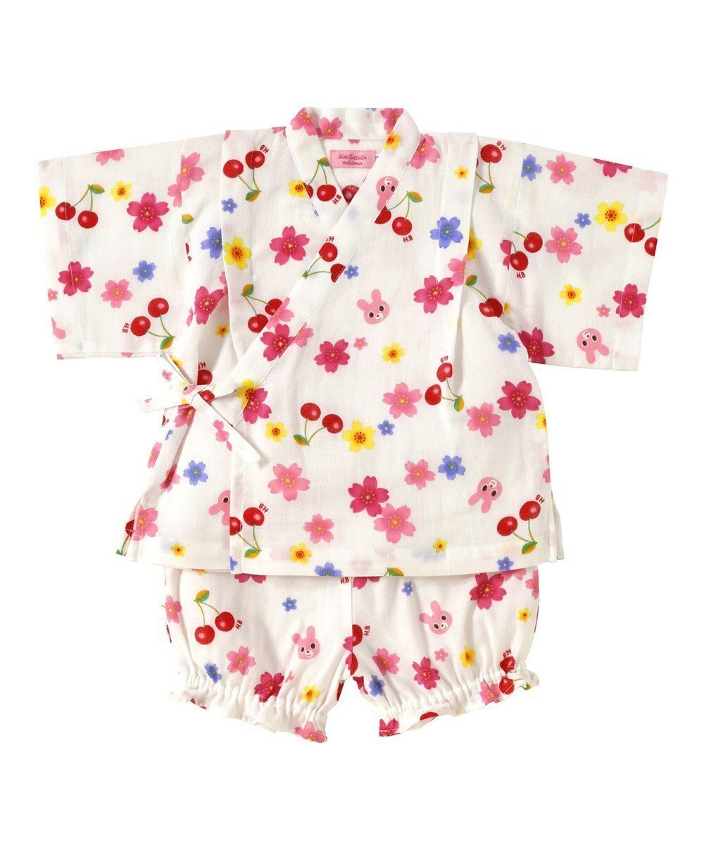 【ミキハウスホットビスケッツ/MIKI HOUSE HOT BISCUITS / KIDS】の【80-110cm】二重織ガーゼ さくら柄キャビットちゃん甚平スーツ インテリア・キッズ・メンズ・レディースファッション・服の通販 founy(ファニー) 　ファッション　Fashion　キッズファッション　Fashion for Kids　スーツ　Suit, Formalwear　チェリー　Cherry, Cherry Pattern　モチーフ　Motif, Design Theme　吸水　Absorbent, Quick-Dry　夏　Summer　春　Spring　S/S・春夏　SS, Spring/Summer, Warm Season　水着　Swimsuit, Swimwear　白|ID: prp329100004557926 ipo3291000000033394947