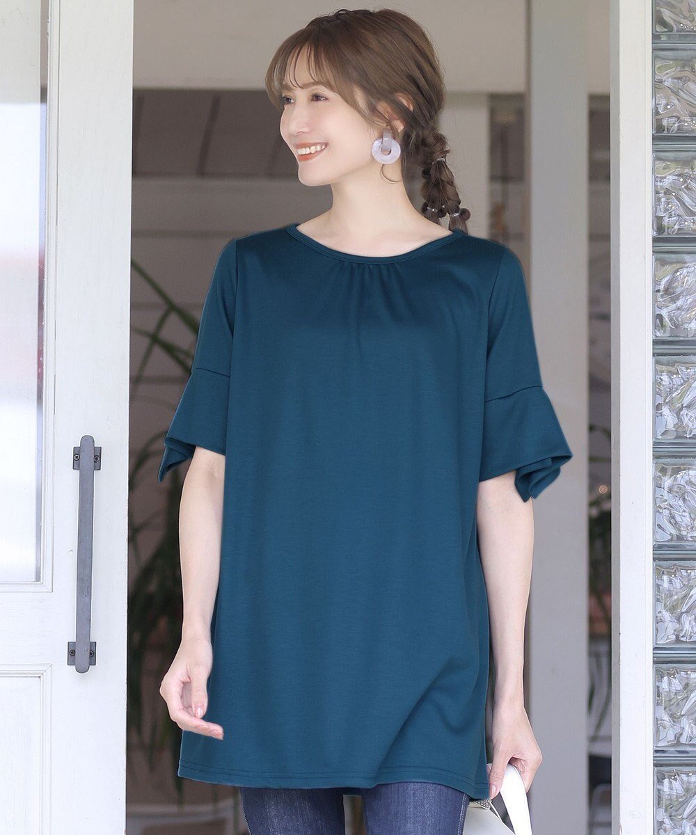 【ティアクラッセ/Tiaclasse】の【洗える】フレアカフスポンチチュニックブラウス インテリア・キッズ・メンズ・レディースファッション・服の通販 founy(ファニー) 　ファッション　Fashion　レディースファッション　Fashion for Women　トップス・カットソー　Cut & Sew Tops　シャツ・ブラウス・オフィスカジュアル　Elegant Blouses & Button-Ups　ウォッシャブル　Machine Washable　春　Spring　洗える　Machine Washable　カットソー　Cut and Sewn Top　カフス　Cuff Design　カーディガン　Cardigan, Knitwear　チュニック　Tunic, Long Top　フェミニン　Feminine, Girly　フレア　Flare, Flared　ポケット　Pocket, Pocket Detail　無地　Plain, Solid Color　ラウンド　Round, Round Neck　リボン　Ribbon, Bow　S/S・春夏　SS, Spring/Summer, Warm Season　再入荷　Restock / Back in Stock　夏　Summer　新作・新入荷　New Arrivals / New In　ビジネス 仕事 通勤　Business / Work / Commuting　ターコイズ|ID: prp329100004558997 ipo3291000000034696216