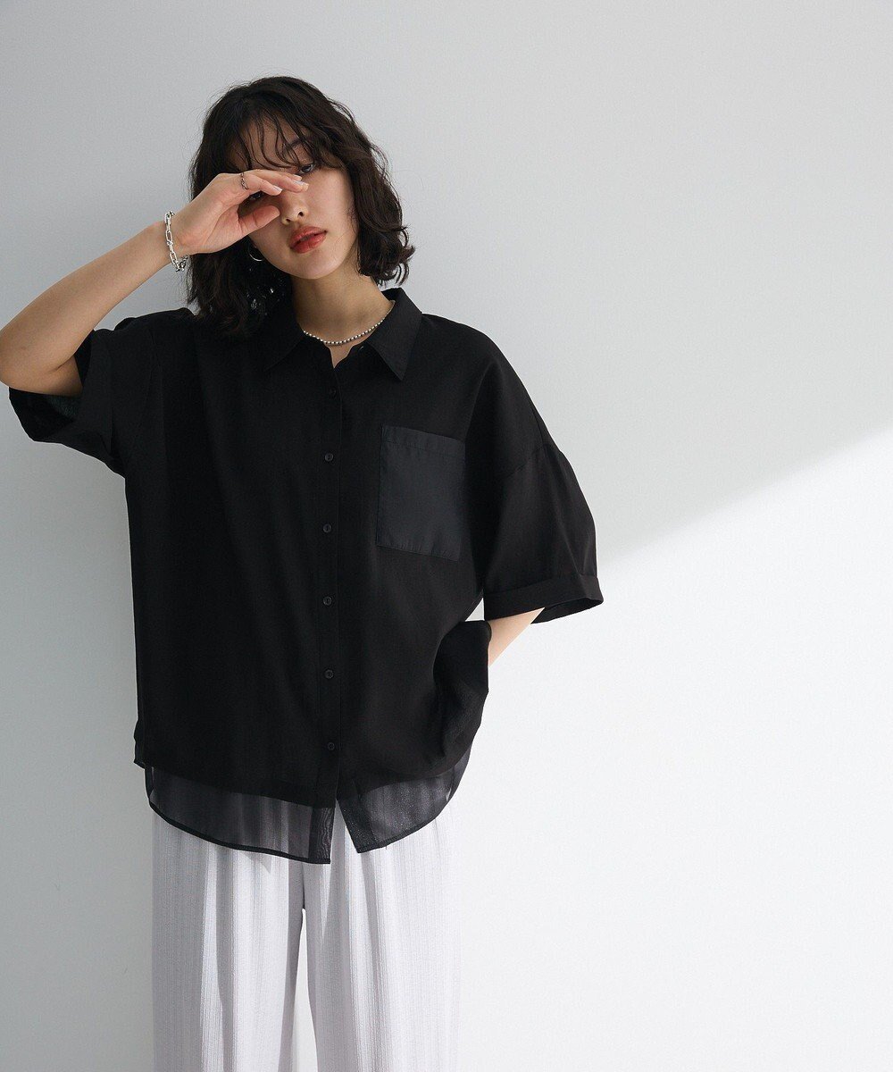 【グリーンパークス/Green Parks】の裾レイヤードショートスリーブシャツ インテリア・キッズ・メンズ・レディースファッション・服の通販 founy(ファニー) 　ファッション　Fashion　レディースファッション　Fashion for Women　トップス・カットソー　Cut & Sew Tops　シャツ・ブラウス・オフィスカジュアル　Elegant Blouses & Button-Ups　おすすめ　Recommended / Our Picks　シアー　Sheer, See-Through　ドッキング　Docking, Mixed Material　ボトム　Bottoms, Lower Wear　ポケット　Pocket, Pocket Detail　再入荷　Restock / Back in Stock　夏　Summer　春　Spring　S/S・春夏　SS, Spring/Summer, Warm Season　Black|ID: prp329100004559800 ipo3291000000032417198