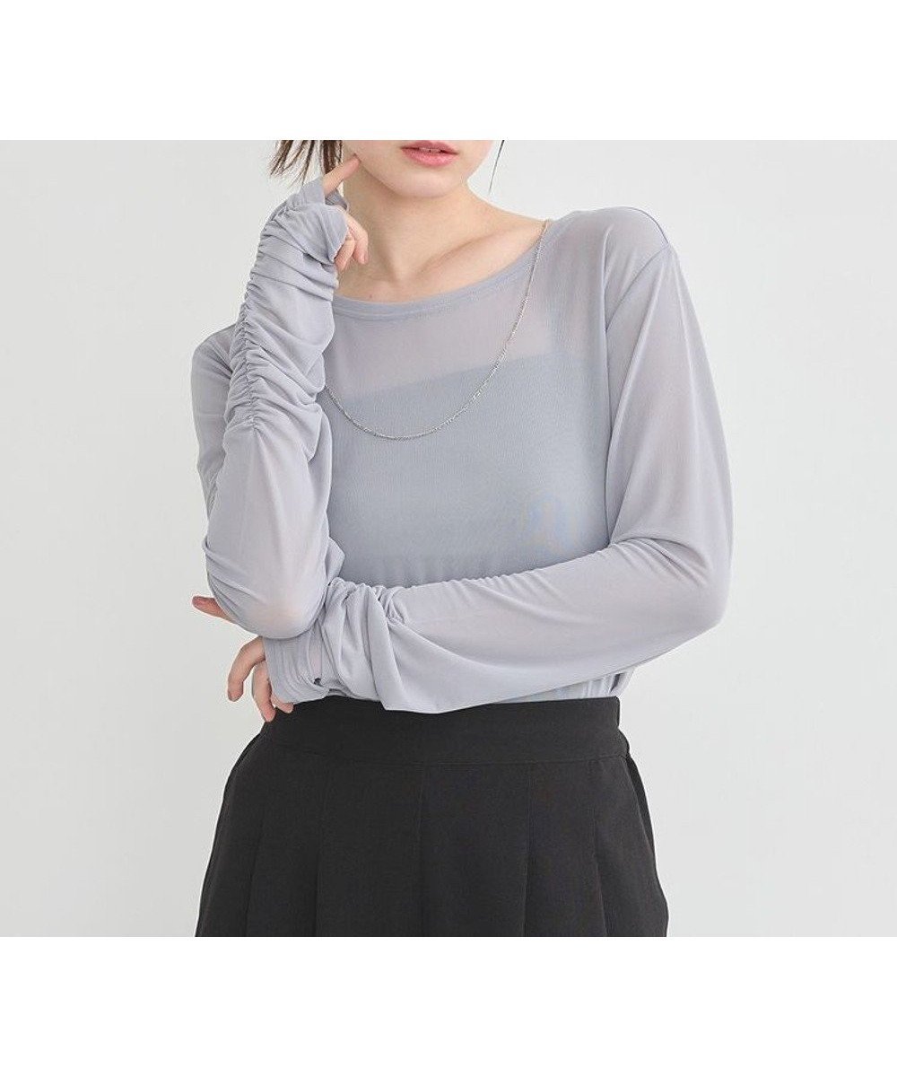 【アースミュージックアンドエコロジー/earth music&ecology】のシャーリングスリーブシアープルオーバー 人気、トレンドファッション・服の通販 founy(ファニー) 　ファッション　Fashion　レディースファッション　Fashion for Women　トップス・カットソー　Cut & Sew Tops　シャツ・ブラウス・オフィスカジュアル　Elegant Blouses & Button-Ups　ロングTシャツ・Tシャツ　Longline T-Shirts & Tees　カジュアルプルオーバー・ニットトップス　Pullovers & Knit Tops / Casual Pullovers　カットソー・ベーシックTシャツ　Cut-and-Sewn Tops / Stretch Tees & Basics　インナー　Innerwear　カットソー　Cut and Sewn Top　ギャザー　Gathered, Ruffled　シアー　Sheer, See-Through　シャーリング　Shirring, Ruched　スリーブ　Sleeve, Long Sleeve / Short Sleeve　フォルム　Silhouette, Form　ベーシック　Basic, Essential　ポケット　Pocket, Pocket Detail　ラウンド　Round, Round Neck　夏　Summer　春　Spring　S/S・春夏　SS, Spring/Summer, Warm Season　 other-1|ID: prp329100004559956 ipo3291000000032554775