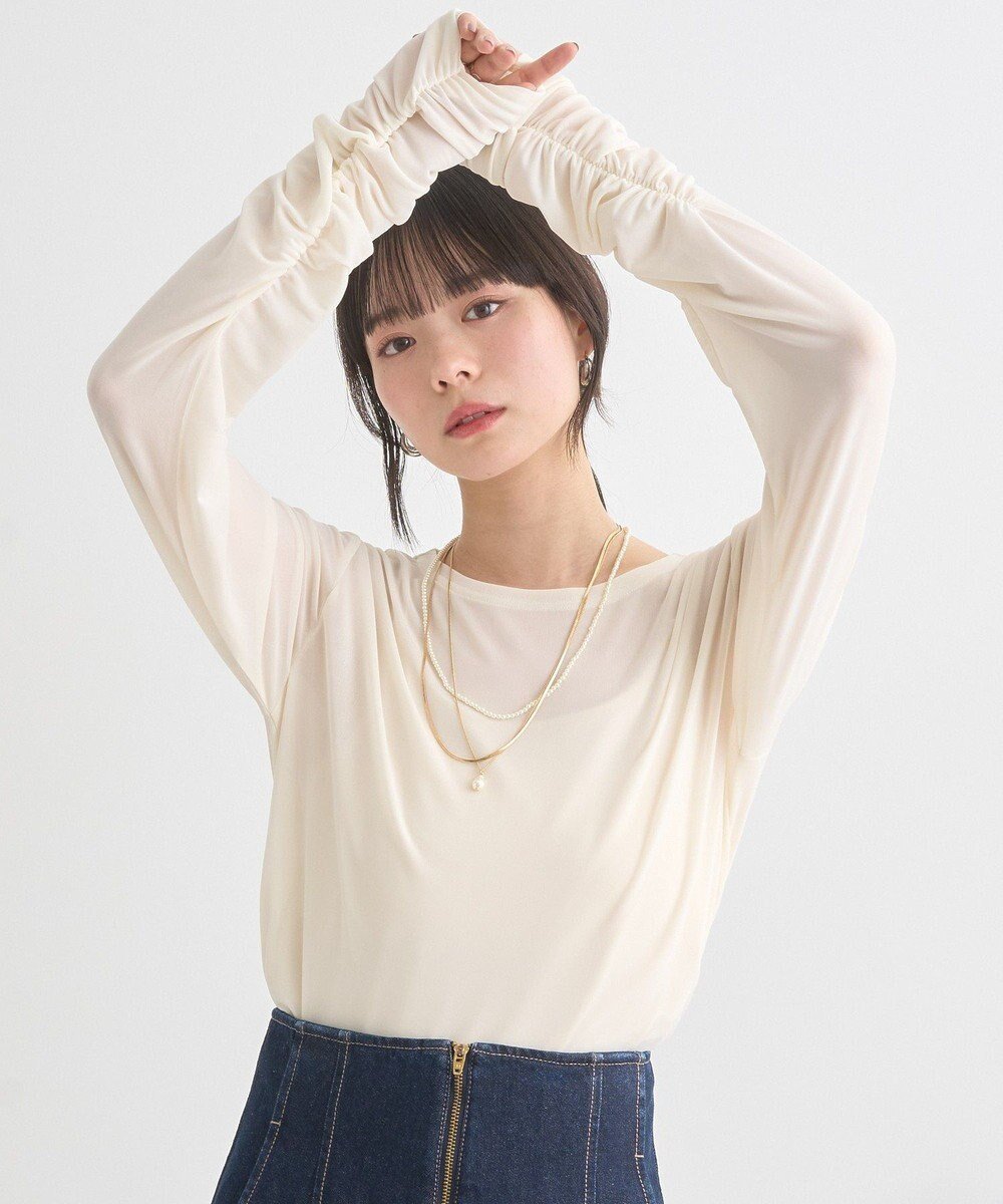 【アースミュージックアンドエコロジー/earth music&ecology】のシャーリングスリーブシアープルオーバー インテリア・キッズ・メンズ・レディースファッション・服の通販 founy(ファニー) 　ファッション　Fashion　レディースファッション　Fashion for Women　トップス・カットソー　Cut & Sew Tops　シャツ・ブラウス・オフィスカジュアル　Elegant Blouses & Button-Ups　ロングTシャツ・Tシャツ　Longline T-Shirts & Tees　カジュアルプルオーバー・ニットトップス　Pullovers & Knit Tops / Casual Pullovers　カットソー・ベーシックTシャツ　Cut-and-Sewn Tops / Stretch Tees & Basics　インナー　Innerwear　カットソー　Cut and Sewn Top　ギャザー　Gathered, Ruffled　シアー　Sheer, See-Through　シャーリング　Shirring, Ruched　スリーブ　Sleeve, Long Sleeve / Short Sleeve　フォルム　Silhouette, Form　ベーシック　Basic, Essential　ポケット　Pocket, Pocket Detail　ラウンド　Round, Round Neck　夏　Summer　春　Spring　S/S・春夏　SS, Spring/Summer, Warm Season　Ivory|ID: prp329100004559956 ipo3291000000032554777