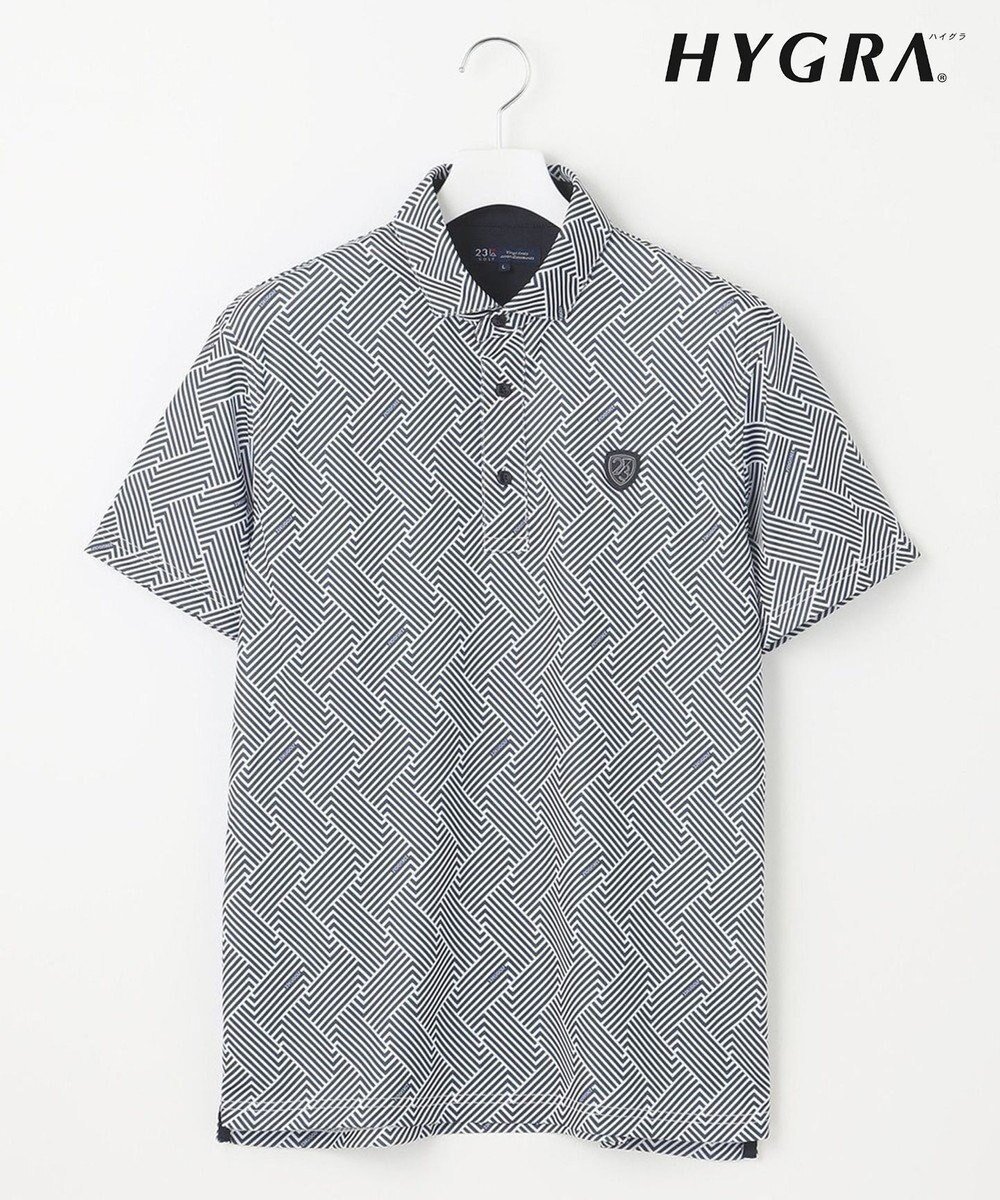 【23区 ゴルフ/23区GOLF / MEN】の【MEN】「HYGRA」幾何柄清涼ポロシャツ 接触冷感 UVケア 吸水速乾 総柄 高機能素材 インテリア・キッズ・メンズ・レディースファッション・服の通販 founy(ファニー) 　ファッション　Fashion　メンズファッション　Fashion for Men　トップス・カットソー　Cut & Sew Tops　メンズシャツ　Shirts　ポロシャツ / きれいめカジュアルスタイル　Polo Shirts　インナー　Innerwear　コンパクト　Compact, Small Size　ゴルフ　Golf　プリント　Print, Printed Pattern　ポロシャツ　Polo Shirt, Collared Tee　再入荷　Restock / Back in Stock　吸水　Absorbent, Quick-Dry　夏　Summer　春　Spring　S/S・春夏　SS, Spring/Summer, Warm Season　ネイビー系5|ID: prp329100004560669 ipo3291000000032245577