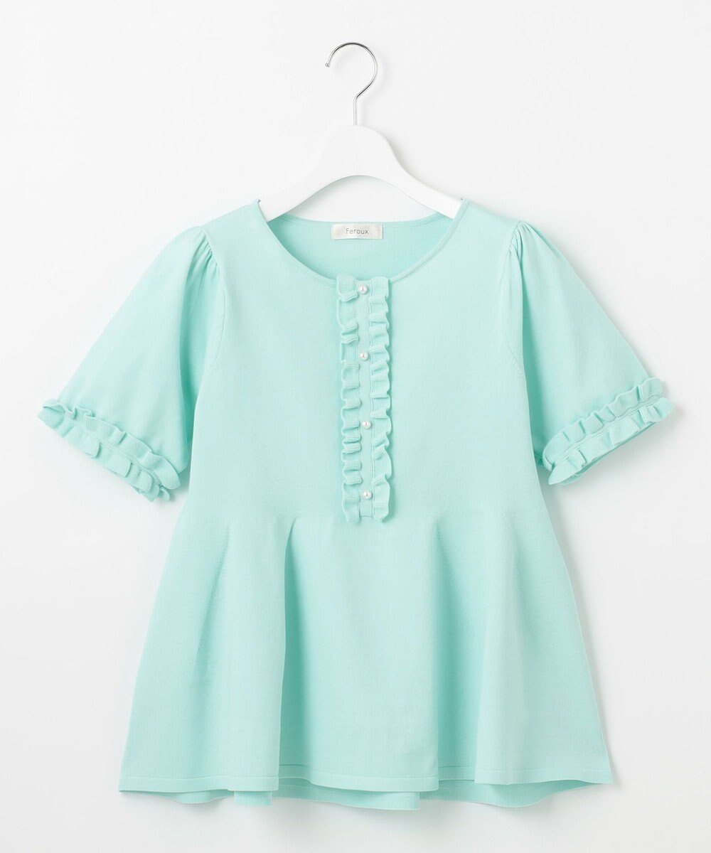 【フェルゥ/Feroux】の【洗える】フリルデザインペプラムニットトップス インテリア・キッズ・メンズ・レディースファッション・服の通販 founy(ファニー) 　ファッション　Fashion　レディースファッション　Fashion for Women　トップス・カットソー　Cut & Sew Tops　ニット　Knit Tops & Sweaters　春　Spring　洗える　Machine Washable　軽量　Lightweight, Ultra Light　シェイプ　Shape, Slim Fit　シンプル　Simple, Minimal　スリーブ　Sleeve, Long Sleeve / Short Sleeve　セーター　Sweater, Knitwear　ダウン　Down, Puffer　デニム　Denim, Jeans Material　ハーフ　Half, Half-Length　バランス　Balance, Style Balance　パール　Pearl, Pearl Accent　フラット　Flat, Flat Shoes　フリル　Frill, Ruffle　ペプラム　Peplum, Flared Hem　S/S・春夏　SS, Spring/Summer, Warm Season　夏　Summer　エレガント 上品　Elegant　スカイブルー系|ID: prp329100004562295 ipo3291000000033605408