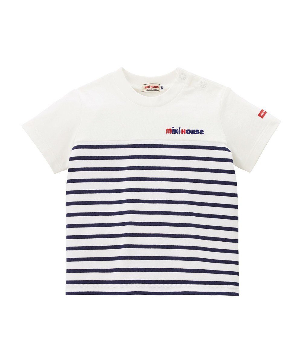 【ミキハウスホットビスケッツ/MIKI HOUSE HOT BISCUITS / KIDS】の【80-150cm】【ミキハウス】 ボーダー半袖Tシャツ インテリア・キッズ・メンズ・レディースファッション・服の通販 founy(ファニー) 　ファッション　Fashion　キッズファッション　Fashion for Kids　トップス・カットソー　Cut & Sew Tops　カットソー　Cut and Sewn Top　ボーダー　Border, Stripe　人気　Popular, Best Seller　半袖　Short Sleeve, Half Sleeve　吸水　Absorbent, Quick-Dry　夏　Summer　春　Spring　S/S・春夏　SS, Spring/Summer, Warm Season　紺|ID: prp329100004563719 ipo3291000000032745861