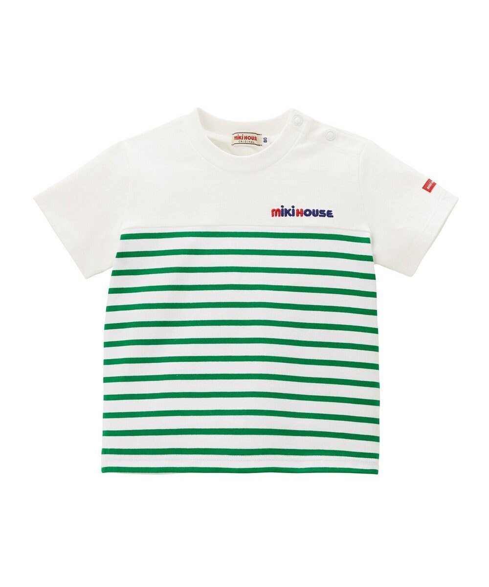 【ミキハウスホットビスケッツ/MIKI HOUSE HOT BISCUITS / KIDS】の【80-150cm】【ミキハウス】 ボーダー半袖Tシャツ インテリア・キッズ・メンズ・レディースファッション・服の通販 founy(ファニー) 　ファッション　Fashion　キッズファッション　Fashion for Kids　トップス・カットソー　Cut & Sew Tops　カットソー　Cut and Sewn Top　ボーダー　Border, Stripe　人気　Popular, Best Seller　半袖　Short Sleeve, Half Sleeve　吸水　Absorbent, Quick-Dry　夏　Summer　春　Spring　S/S・春夏　SS, Spring/Summer, Warm Season　グリーン|ID: prp329100004563719 ipo3291000000032745863