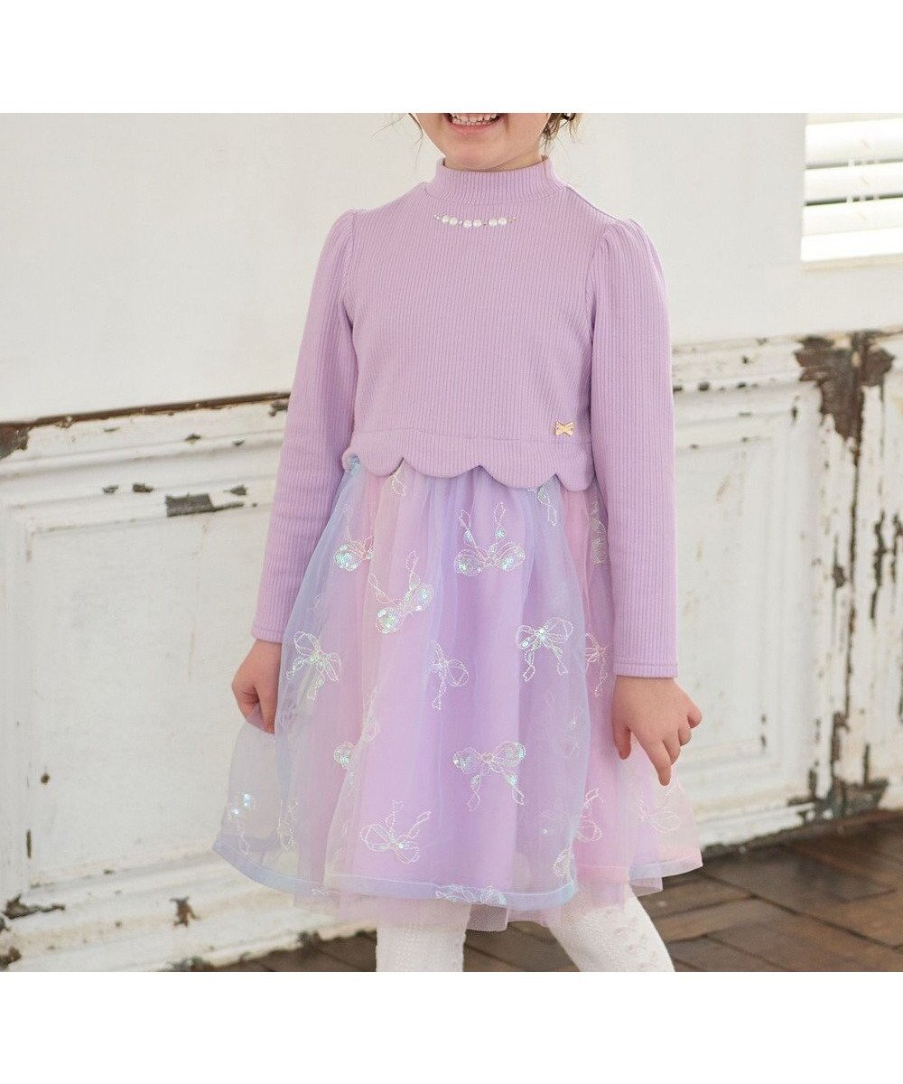 【エニファム/any FAM / KIDS】のドッキングチュールワンピース インテリア・キッズ・メンズ・レディースファッション・服の通販 founy(ファニー) 　ファッション　Fashion　キッズファッション　Fashion for Kids　ワンピース　Dresses　スカラップ　Scallop, Scalloped Edge　スパンコール　Sequins, Sequin Embellishment　チャーム　Charm, Pendant　チュール　Tulip, Tulip Motif　ドッキング　Docking, Mixed Material　ビジュー　Bijou, Jewel-like Accent　ポケット　Pocket, Pocket Detail　リボン　Ribbon, Bow　A/W・秋冬　Autumn/Winter　エレガント 上品　Elegant　ラベンダ×レインボー|ID: prp329100004563728 ipo3291000000032674970