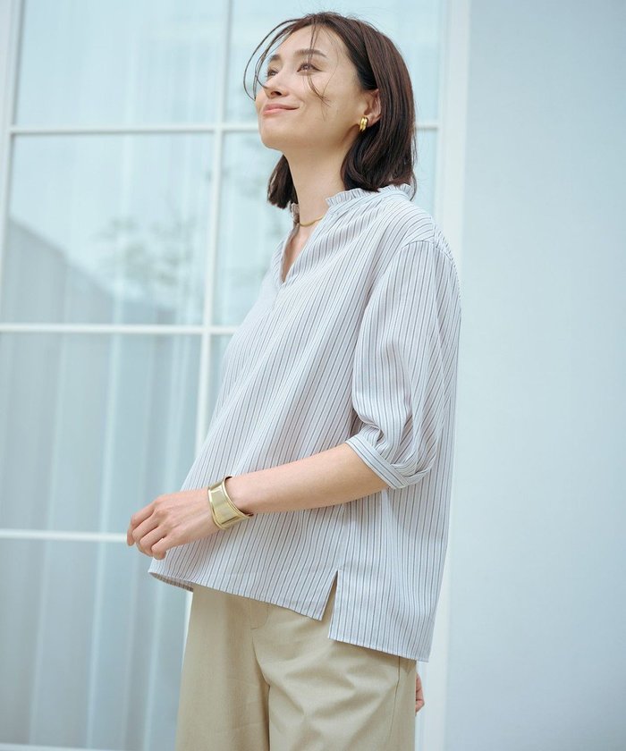 【ジェイ プレス/J.PRESS】の【洗える・接触冷感】ドビー強撚ストライプ スキッパー ブラウス インテリア・キッズ・メンズ・レディースファッション・服の通販 founy(ファニー) https://founy.com/ ファッション Fashion レディースファッション Fashion for Women トップス・カットソー Cut & Sew Tops シャツ・ブラウス・オフィスカジュアル Elegant Blouses & Button-Ups 春 Spring 洗える Machine Washable カーディガン Cardigan, Knitwear ギャザー Gathered, Ruffled スキッパー Skipper, Open Collar ストライプ Stripe, Striped Pattern ドレープ Drape, Draping Fabric バランス Balance, Style Balance フォルム Silhouette, Form フリル Frill, Ruffle S/S・春夏 SS, Spring/Summer, Warm Season 夏 Summer |ID: prp329100004563917 ipo3291000000033641995