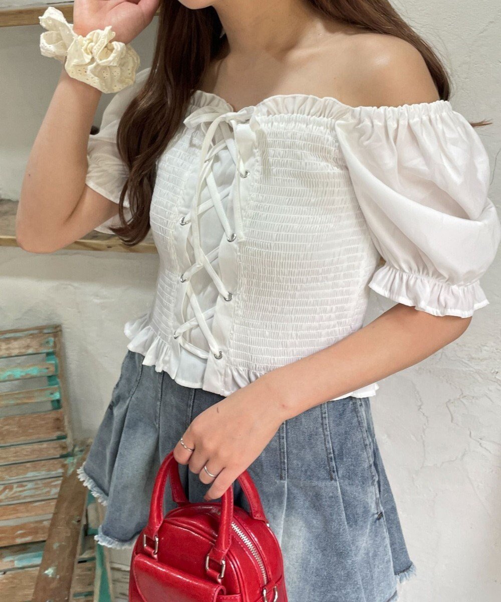 【ウィゴー/WEGO】のレースアップシャーリングブラウス 人気、トレンドファッション・服の通販 founy(ファニー) 　ファッション　Fashion　レディースファッション　WOMEN　トップス・カットソー　Tops/Tshirt　シャツ/ブラウス　Shirts/Blouses　NEW・新作・新着・新入荷　New Arrivals　シャーリング　Shirring　スマホ　Smartphone　デニム　Denim　トレンド　Trend　ドット　Dot　バレエ　Ballet　フリル　Frills　夏　Summer　春　Spring　S/S・春夏　Ss・Spring/Summer　水玉　Polka Dots　 other-1|ID: prp329100004565567 ipo3291000000032288532