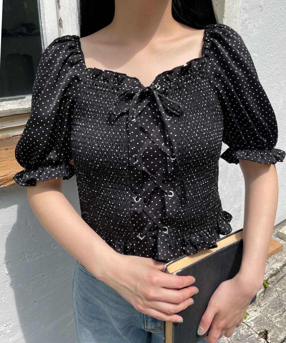 【ウィゴー/WEGO】のレースアップシャーリングブラウス インテリア・キッズ・メンズ・レディースファッション・服の通販 founy(ファニー) 　ファッション　Fashion　レディースファッション　WOMEN　トップス・カットソー　Tops/Tshirt　シャツ/ブラウス　Shirts/Blouses　NEW・新作・新着・新入荷　New Arrivals　シャーリング　Shirring　スマホ　Smartphone　デニム　Denim　トレンド　Trend　ドット　Dot　バレエ　Ballet　フリル　Frills　夏　Summer　春　Spring　S/S・春夏　Ss・Spring/Summer　水玉　Polka Dots　ブラックその他|ID: prp329100004565567 ipo3291000000032288534