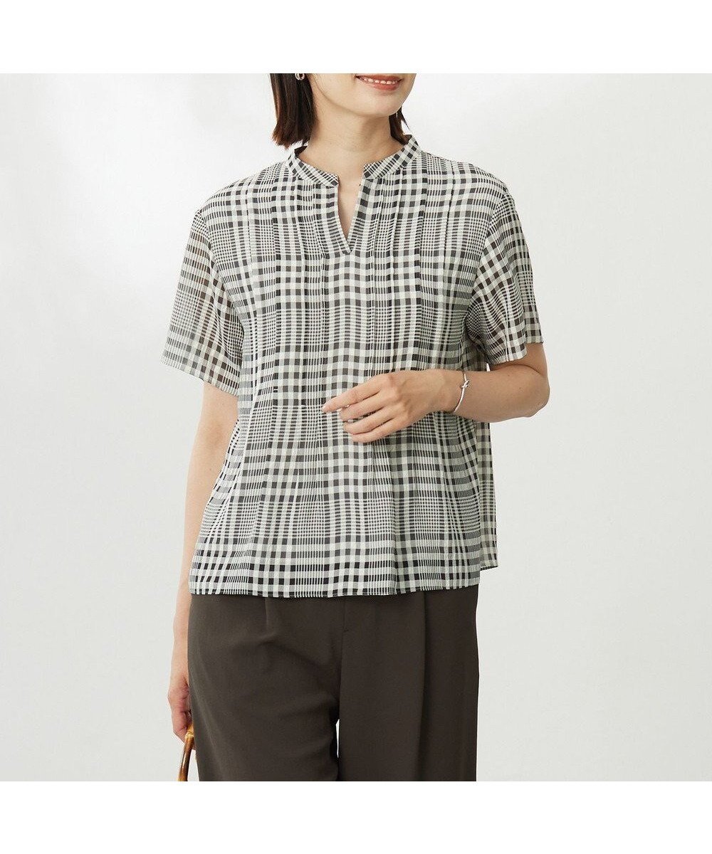 【ジェイ プレス/J.PRESS】の【WEB限定カラーあり・洗える】シアーチェック カットソー インテリア・キッズ・メンズ・レディースファッション・服の通販 founy(ファニー) 　ファッション　Fashion　レディースファッション　Fashion for Women　トップス・カットソー　Cut & Sew Tops　シャツ・ブラウス・オフィスカジュアル　Elegant Blouses & Button-Ups　ロングTシャツ・Tシャツ　Longline T-Shirts & Tees　カットソー・ベーシックTシャツ　Cut-and-Sewn Tops / Stretch Tees & Basics　カットソー　Cut and Sewn Top　ネックレス　Necklace, Pendant Necklace　ロング　Long, Long-Length　夏　Summer　春　Spring　S/S・春夏　SS, Spring/Summer, Warm Season　洗える　Machine Washable　ブラック×アイボリーギンガム系|ID: prp329100004569305 ipo3291000000032327494