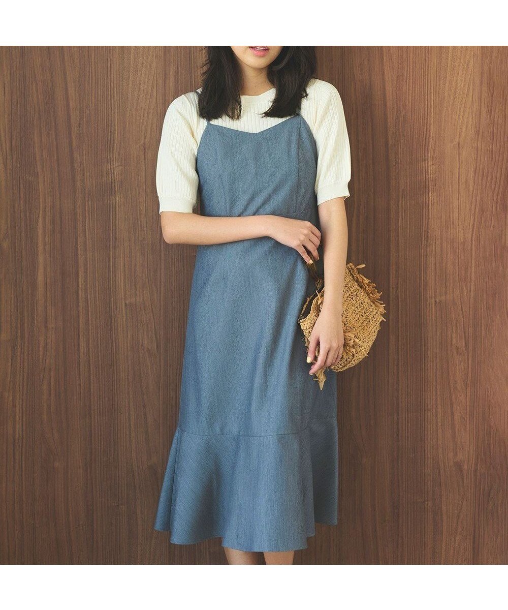 【フェルゥ/Feroux】の【セットアイテム・洗える】パフスリーブニット×キャミソール ワンピース インテリア・キッズ・メンズ・レディースファッション・服の通販 founy(ファニー) 　ファッション　Fashion　レディースファッション　Fashion for Women　ワンピース　Dresses　インナー　Innerwear　キャミソール　Camisole, Spaghetti Strap Top　キャミワンピース　Cami Dress, Slip Dress　ギャザー　Gathered, Ruffled　サンダル　Sandals, Summer Shoes　リボン　Ribbon, Bow　夏　Summer　春　Spring　S/S・春夏　SS, Spring/Summer, Warm Season　洗える　Machine Washable　ネイビー系|ID: prp329100004570293 ipo3291000000032660829