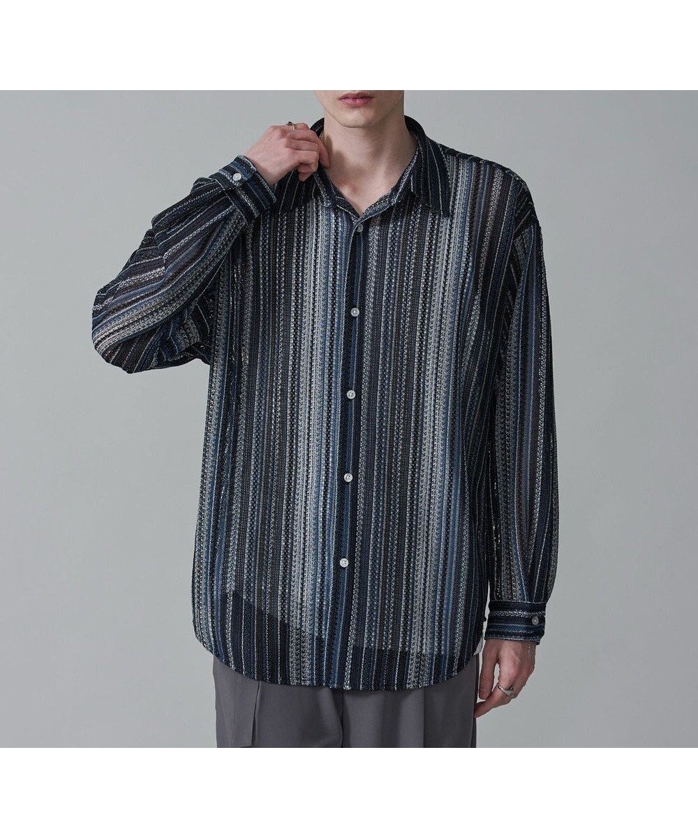 【ウィゴー/WEGO / MEN】のストライプメッシュBIGシャツ(LS) インテリア・キッズ・メンズ・レディースファッション・服の通販 founy(ファニー) 　ファッション　Fashion　メンズファッション　MEN　トップス・カットソー　Tops/Tshirt/Men　シャツ　Shirts　春　Spring　ストライプ　Stripe　スマホ　Smartphone　スラックス　Slacks　透かし　Watermark　デニム　Denim　長袖　Long Sleeve　ビッグ　Big　メッシュ　Mesh　ルーズ　Loose　S/S・春夏　Ss・Spring/Summer　再入荷　Restock/Back In Stock/Re Arrival　おすすめ　Recommend　夏　Summer　ブラック中濃色|ID: prp329100004571715 ipo3291000000032349004