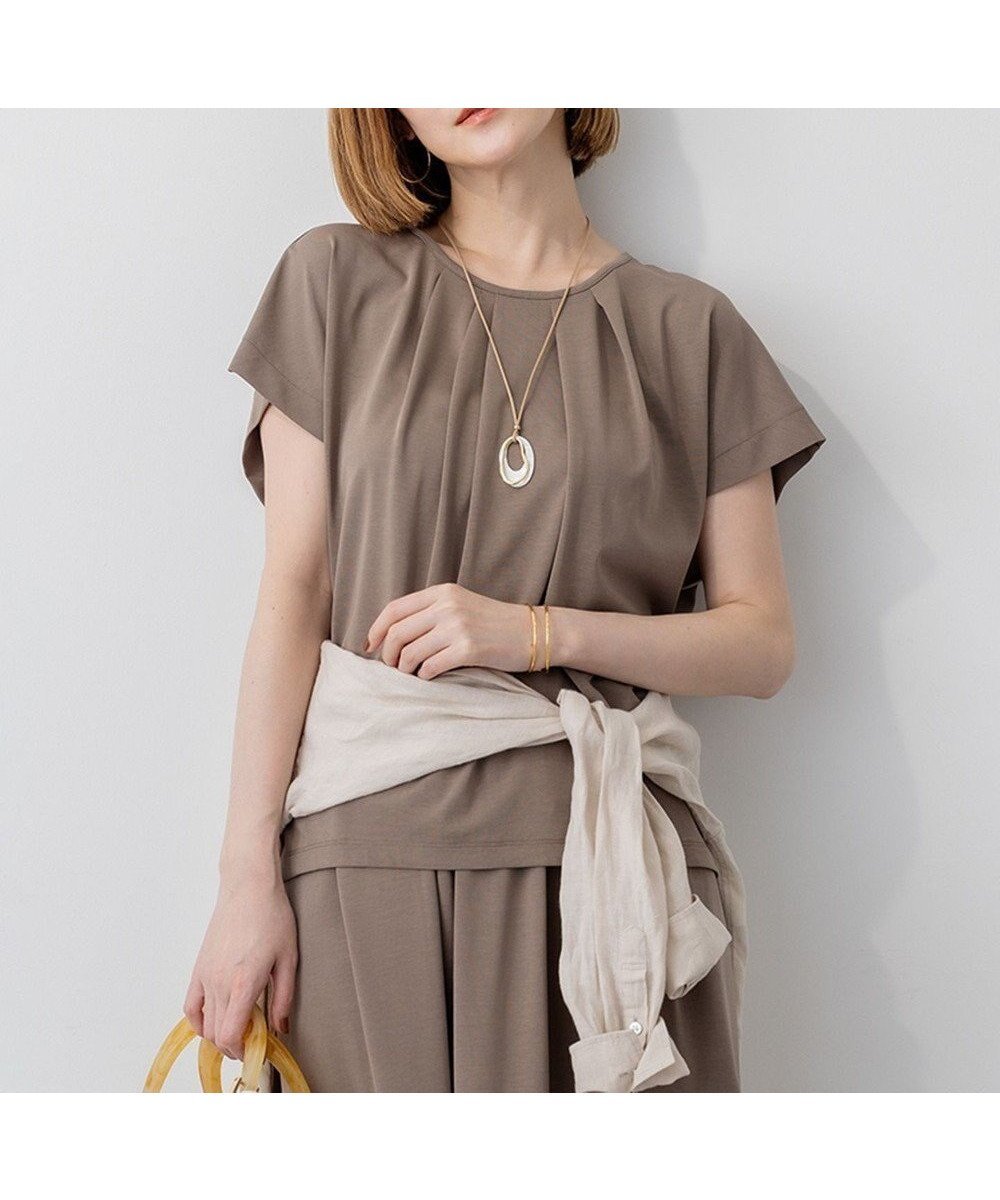 【23区/NIJYUSANKU】の【接触冷感/洗える】ツイストコットンプレーティング タックデザイン カットソー インテリア・キッズ・メンズ・レディースファッション・服の通販 founy(ファニー) 　ファッション　Fashion　レディースファッション　Fashion for Women　トップス・カットソー　Cut & Sew Tops　シャツ・ブラウス・オフィスカジュアル　Elegant Blouses & Button-Ups　ロングTシャツ・Tシャツ　Longline T-Shirts & Tees　カットソー・ベーシックTシャツ　Cut-and-Sewn Tops / Stretch Tees & Basics　イレギュラー　Irregular Design　春　Spring　洗える　Machine Washable　カットソー　Cut and Sewn Top　ガウチョパンツ　Gaucho Pants, Culottes　シンプル　Simple, Minimal　セットアップ　Set-Up, Coordinated Outfit　ロング　Long, Long-Length　S/S・春夏　SS, Spring/Summer, Warm Season　おすすめ　Recommended / Our Picks　夏　Summer　2025年　2025　2025春夏・S/S　Spring/Summer 2025 SS25　ブラウン系|ID: prp329100004572177 ipo3291000000035391838