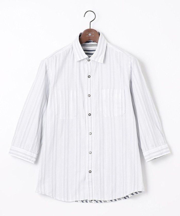 【ジョセフ アブード/JOSEPH ABBOUD / MEN】の【1枚で2通りの着こなし】オーガニックコットンリバーシブル 七分袖シャツ インテリア・キッズ・メンズ・レディースファッション・服の通販 founy(ファニー) https://founy.com/ ファッション Fashion メンズファッション Men's Style Online トップス・カットソー Tops/Tshirt/Men シャツ Shirts 春 Spring ストライプ Stripe ランダム Random ワイヤー Wire S/S・春夏 Ss・Spring/Summer 再入荷 Restock/Back In Stock/Re Arrival おすすめ Recommend 夏 Summer |ID: prp329100004573103 ipo3291000000032675127