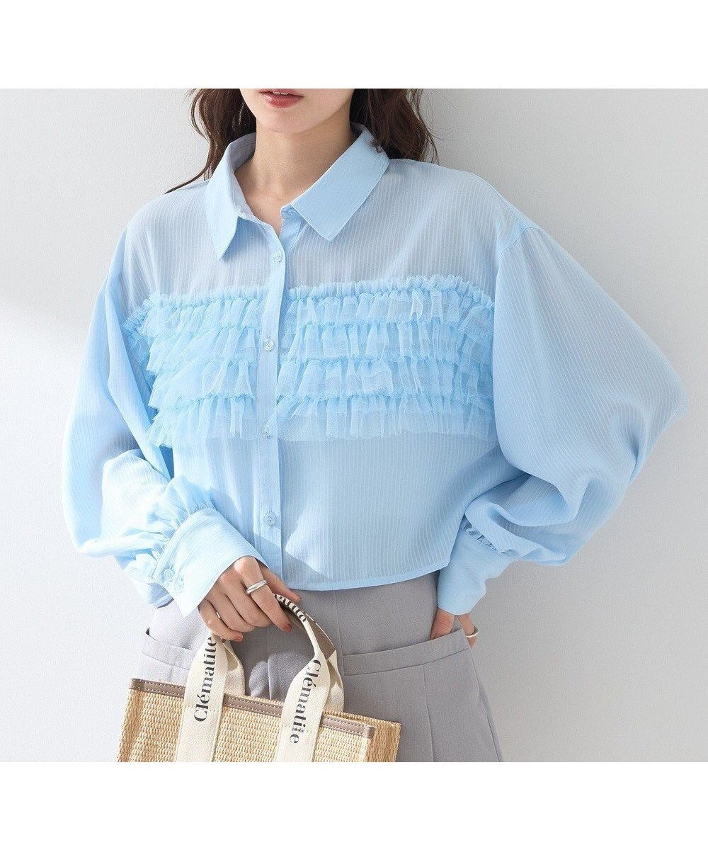 【アースミュージックアンドエコロジー/earth music&ecology】のフロントチュールフリルクロップドシャツ 人気、トレンドファッション・服の通販 founy(ファニー) 　ファッション　Fashion　レディースファッション　Ladies' Fashion Online　トップス・カットソー　Tops/Tshirt　シャツ/ブラウス　Shirts/Blouses　おすすめ　Recommend　シアー　Sheer　ストライプ　Stripe　フロント　Front　ボトム　Bottom　ポケット　Pocket　ロング　Long　ワイド　Wide　夏　Summer　春　Spring　S/S・春夏　Ss・Spring/Summer　 other-1|ID: prp329100004573438 ipo3291000000032367737