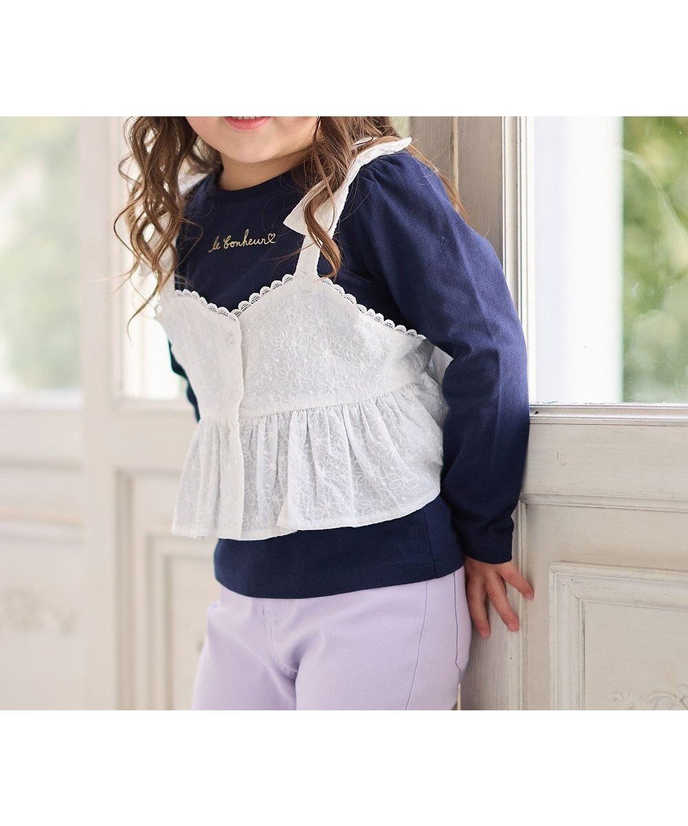 【エニィ/ANY / KIDS】のキャミソール付き 長袖Tシャツ インテリア・キッズ・メンズ・レディースファッション・服の通販 founy(ファニー) 　ファッション　Fashion　キッズファッション　Fashion for Kids　トップス・カットソー　Cut & Sew Tops　カットソー　Cut and Sewn Top　ガーリー　Girly, Feminine Style　キャミソール　Camisole, Spaghetti Strap Top　ポケット　Pocket, Pocket Detail　リボン　Ribbon, Bow　レース　Lace, Lace Fabric　夏　Summer　春　Spring　S/S・春夏　SS, Spring/Summer, Warm Season　長袖　Long Sleeve, Full Sleeve　オフホワイト×ネイビー|ID: prp329100004575759 ipo3291000000033665692