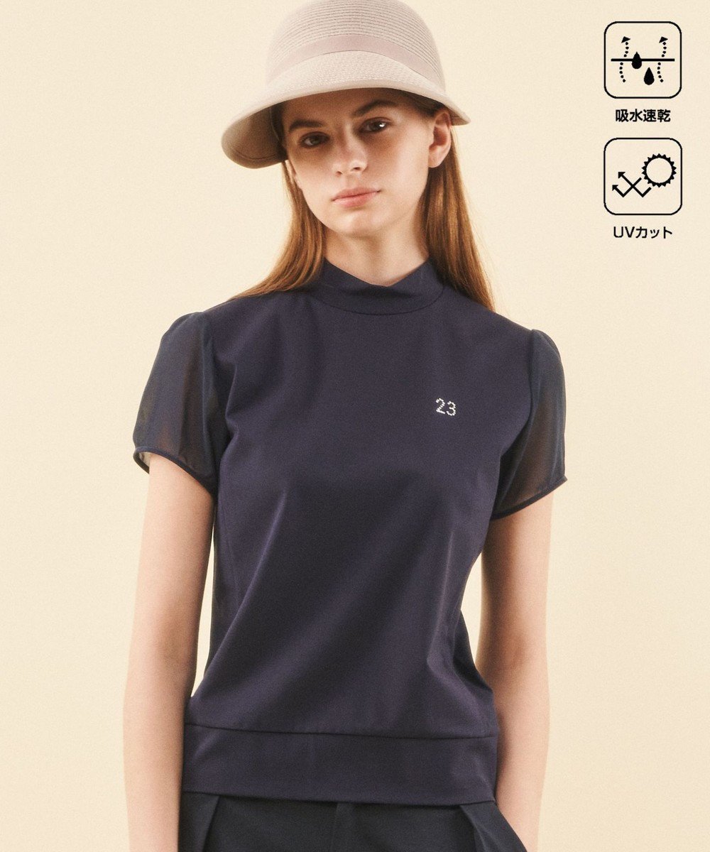 【23区 ゴルフ/NIJYUSANKU GOLF】の【WOMEN】【吸水速乾/UVケア】シアー袖 モックネックシャツ インテリア・キッズ・メンズ・レディースファッション・服の通販 founy(ファニー) 　ファッション　Fashion　レディースファッション　Ladies' Fashion Online　トップス・カットソー　Tops/Tshirt　シャツ/ブラウス　Shirts/Blouses　ロング / Tシャツ　T-Shirts　カットソー　Cut and Sewn　春　Spring　カットソー　Cut And Sew　吸水　Water Absorption　シアー　Sheer　シフォン　Chiffon　ジョーゼット　Georgette　ストーン　Stone　人気　Popularity　ボトム　Bottom　モノトーン　Monotone　S/S・春夏　Ss・Spring/Summer　再入荷　Restock/Back In Stock/Re Arrival　夏　Summer　エレガント 上品　Elegant　ゴルフ　Golf　ネイビー系|ID: prp329100004577892 ipo3291000000032646920