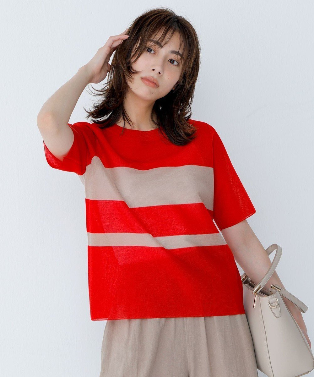 【アイシービー/iCB】の【洗える】 シアースムースボーダー ニット インテリア・キッズ・メンズ・レディースファッション・服の通販 founy(ファニー) 　ファッション　Fashion　レディースファッション　Fashion for Women　トップス・カットソー　Cut & Sew Tops　ニット　Knit Tops & Sweaters　春　Spring　洗える　Machine Washable　シアー　Sheer, See-Through　ジャケット　Jacket, Outerwear　ストレッチ　Stretch, Stretchy Fabric　ストレート　Straight, Straight Cut　セーター　Sweater, Knitwear　ダウン　Down, Puffer　ボトム　Bottoms, Lower Wear　ボーダー　Border, Stripe　S/S・春夏　SS, Spring/Summer, Warm Season　夏　Summer　エレガント 上品　Elegant　2025年　2025　2025春夏・S/S　Spring/Summer 2025 SS25　レッド×チノベージュ系|ID: prp329100004577960 ipo3291000000033153707