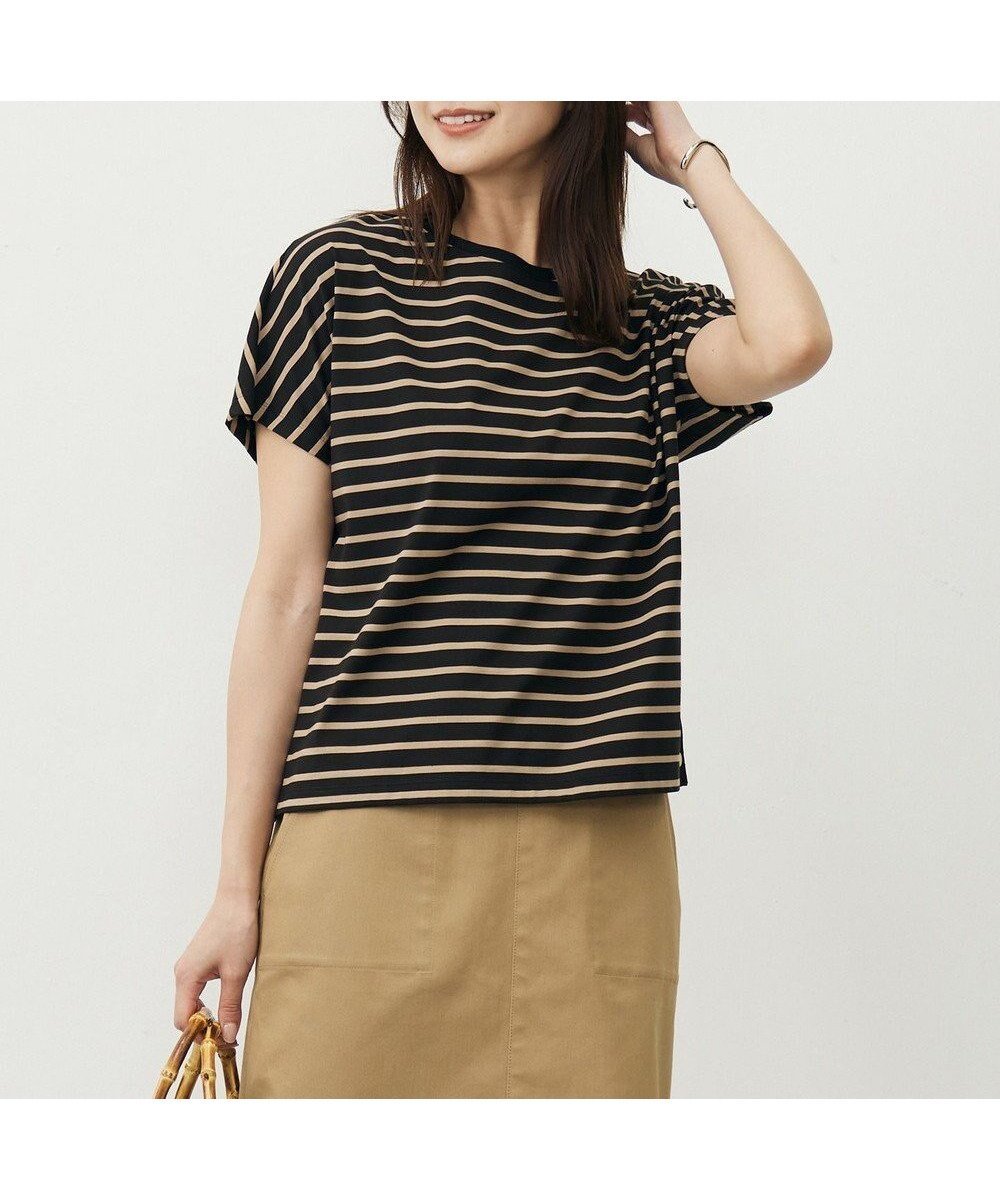 【ジェイ プレス/J.PRESS】の【WEB限定カラーあり・洗える】ULTIM天竺ボーダー カットソー インテリア・キッズ・メンズ・レディースファッション・服の通販 founy(ファニー) 　ファッション　Fashion　レディースファッション　Fashion for Women　トップス・カットソー　Cut & Sew Tops　シャツ・ブラウス・オフィスカジュアル　Elegant Blouses & Button-Ups　ロングTシャツ・Tシャツ　Longline T-Shirts & Tees　カットソー・ベーシックTシャツ　Cut-and-Sewn Tops / Stretch Tees & Basics　カットソー　Cut and Sewn Top　カーディガン　Cardigan, Knitwear　ジャケット　Jacket, Outerwear　ボーダー　Border, Stripe　メタル　Metal, Metal Parts　切替　Switching, Contrast Panel　夏　Summer　春　Spring　S/S・春夏　SS, Spring/Summer, Warm Season　洗える　Machine Washable　無地　Plain, Solid Color　【WEB限定カラー】ブラック×ベージュボーダー系|ID: prp329100004578057 ipo3291000000034295294
