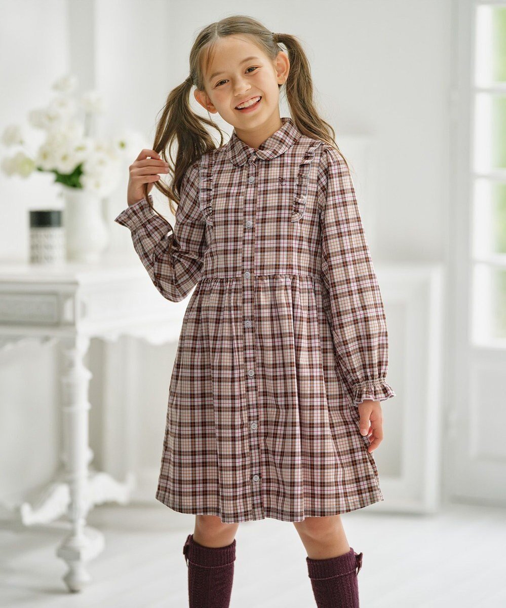【組曲 / KIDS/KUMIKYOKU】の【110-140㎝】リセチェックシャツ ワンピース インテリア・キッズ・メンズ・レディースファッション・服の通販 founy(ファニー) 　ファッション　Fashion　キッズファッション　Fashion for Kids　ワンピース　Dresses　チェック　Check, Plaid, Tartan　フリル　Frill, Ruffle　エレガント 上品　Elegant　秋　Autumn　A/W・秋冬　Autumn/Winter　羽織　Haori, Light Jacket　グレー×ブラウン系|ID: prp329100004579218 ipo3291000000033616466
