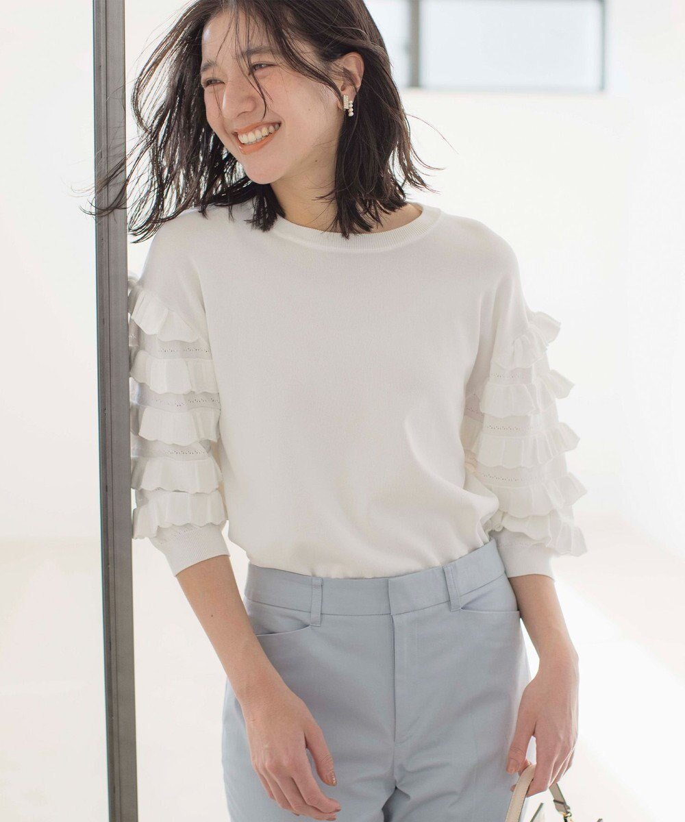 【組曲/KUMIKYOKU】の【WEB限定カラーあり】MINA 袖フリルニットプルオーバー 人気、トレンドファッション・服の通販 founy(ファニー) 　ファッション　Fashion　レディースファッション　Fashion for Women　トップス・カットソー　Cut & Sew Tops　ニット　Knit Tops & Sweaters　カジュアルプルオーバー・ニットトップス　Pullovers & Knit Tops / Casual Pullovers　春　Spring　ストレッチ　Stretch, Stretchy Fabric　スリット　Slit, Slit Detail　セーター　Sweater, Knitwear　フリル　Frill, Ruffle　レース　Lace, Lace Fabric　S/S・春夏　SS, Spring/Summer, Warm Season　夏　Summer　エレガント 上品　Elegant　 other-1|ID: prp329100004580468 ipo3291000000033077773