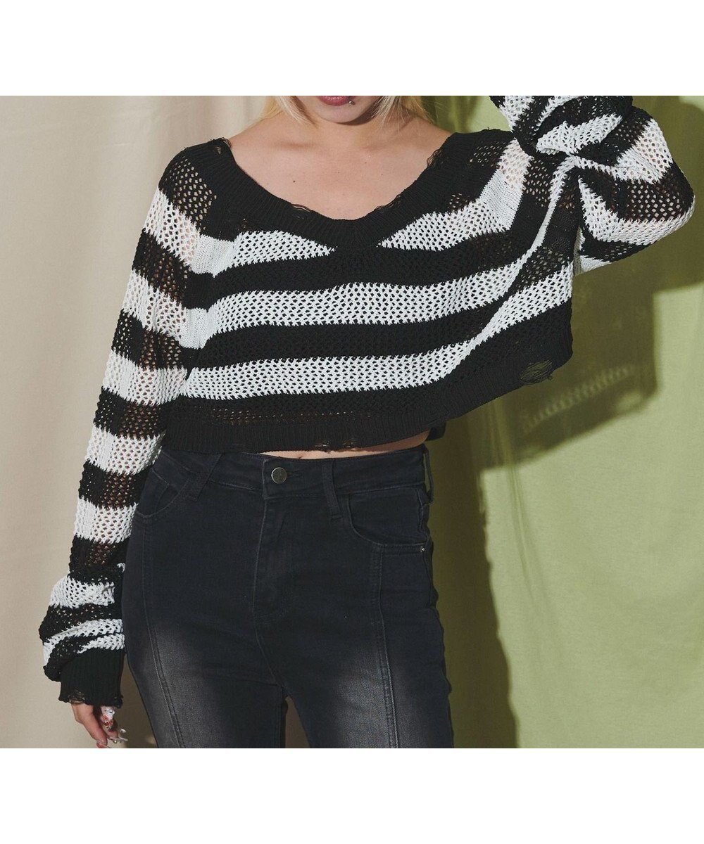 【ウィゴー/WEGO】のダメージボーダーショートニット インテリア・キッズ・メンズ・レディースファッション・服の通販 founy(ファニー) 　ファッション　Fashion　レディースファッション　Fashion for Women　トップス・カットソー　Cut & Sew Tops　ニット　Knit Tops & Sweaters　おすすめ　Recommended / Our Picks　キャミ　Camisole, Cami Top　ショート　Short, Short Length　スマホ　Smartphone, Mobile Device　セーター　Sweater, Knitwear　タンク　Tank Top, Sleeveless Top　ダメージ　Distressed, Destroyed　トレンド　Trend, Trending Now　ボーダー　Border, Stripe　夏　Summer　春　Spring　S/S・春夏　SS, Spring/Summer, Warm Season　ブラック|ID: prp329100004582148 ipo3291000000032469159