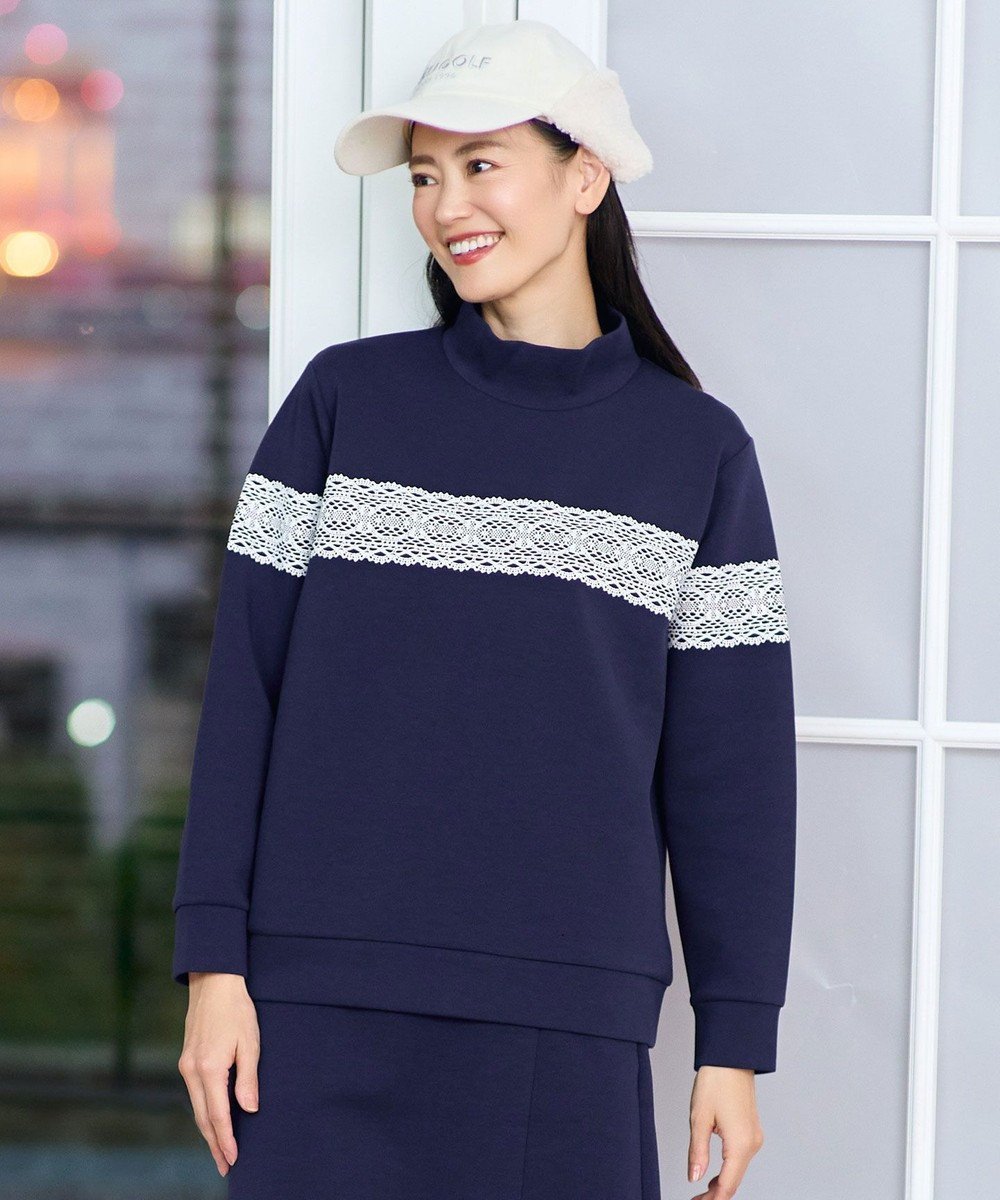 【23区 ゴルフ/NIJYUSANKU GOLF】の【WOMEN/EC限定】レース柄 モックネック トレーナー インテリア・キッズ・メンズ・レディースファッション・服の通販 founy(ファニー) 　ファッション　Fashion　レディースファッション　Fashion for Women　トップス・カットソー　Cut & Sew Tops　レディースパーカー・カジュアルフーディー　Casual Hoodies & Sweatshirts　スウェット・クルーネックトップス　Sweatshirts & Crewnecks / Relaxed Fit Sweat Tops　インナー　Innerwear　スウェット / スエット　Sweatshirt, Sweatwear　セットアップ　Set-Up, Coordinated Outfit　トレーナー　Sweatshirt, Trainer　フェミニン　Feminine, Girly　プリント　Print, Printed Pattern　モックネック　Mock Neck, Short Turtleneck　レース　Lace, Lace Fabric　A/W・秋冬　Autumn/Winter　ゴルフ　Golf　ネイビー系|ID: prp329100004582949 ipo3291000000033542050