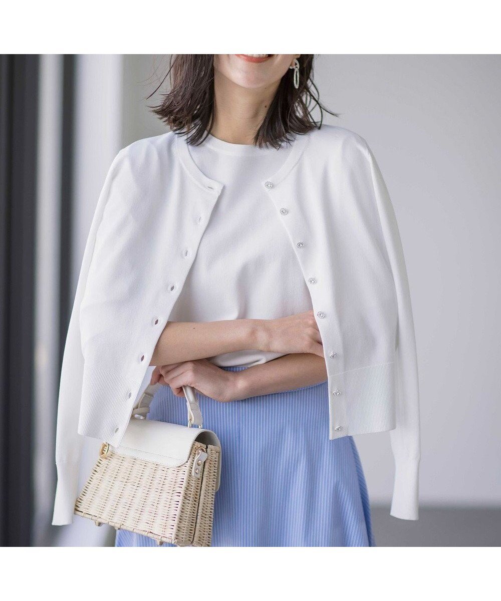 【組曲/KUMIKYOKU】の【UVケア・接触冷感】MINA ニットカーディガン インテリア・キッズ・メンズ・レディースファッション・服の通販 founy(ファニー) 　ファッション　Fashion　レディースファッション　Fashion for Women　トップス・カットソー　Cut & Sew Tops　ニット　Knit Tops & Sweaters　カーディガン・羽織り　Layered Style Cardigans　春　Spring　カーディガン　Cardigan, Knitwear　コンパクト　Compact, Small Size　シンプル　Simple, Minimal　ストレッチ　Stretch, Stretchy Fabric　チャーム　Charm, Pendant　長袖　Long Sleeve, Full Sleeve　バランス　Balance, Style Balance　ビジュー　Bijou, Jewel-like Accent　フラワー　Flower, Floral　フリル　Frill, Ruffle　モダン　Modern, Contemporary　モチーフ　Motif, Design Theme　S/S・春夏　SS, Spring/Summer, Warm Season　夏　Summer　エレガント 上品　Elegant　パールホワイト系|ID: prp329100004583970 ipo3291000000034311296