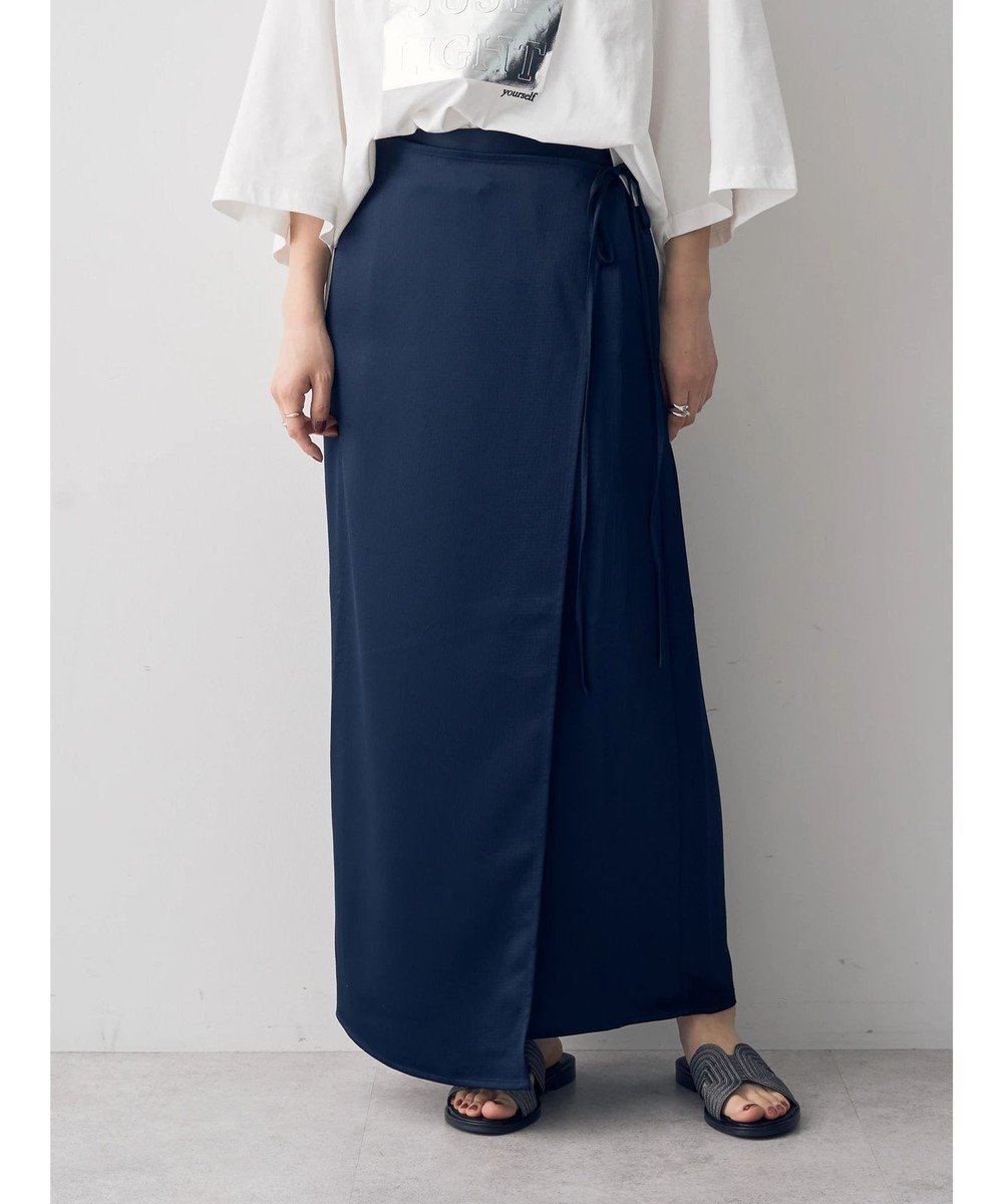 【イェッカ ヴェッカ/YECCA VECCA】のラップ風サテンロングスカート インテリア・キッズ・メンズ・レディースファッション・服の通販 founy(ファニー) 　ファッション　Fashion　レディースファッション　Ladies' Fashion Online　スカート　Skirt　ロングスカート　Long Skirt　サッカー　Soccer　サテン　Satin　スマート　Smart　ポケット　Pocket　ラップ　Wrap　リボン　Ribbon　ロング　Long　夏　Summer　春　Spring　S/S・春夏　Ss・Spring/Summer　Navy|ID: prp329100004584094 ipo3291000000032618288