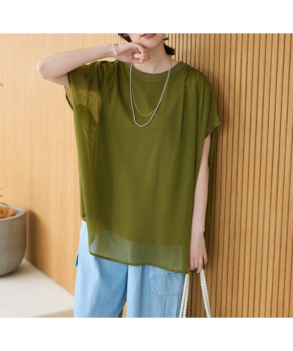 【グリーンパークス/Green Parks】の楊柳ドッキングフレンチプルオーバー インテリア・キッズ・メンズ・レディースファッション・服の通販 founy(ファニー) 　ファッション　Fashion　レディースファッション　Fashion for Women　トップス・カットソー　Cut & Sew Tops　シャツ・ブラウス・オフィスカジュアル　Elegant Blouses & Button-Ups　ロングTシャツ・Tシャツ　Longline T-Shirts & Tees　カジュアルプルオーバー・ニットトップス　Pullovers & Knit Tops / Casual Pullovers　カットソー・ベーシックTシャツ　Cut-and-Sewn Tops / Stretch Tees & Basics　おすすめ　Recommended / Our Picks　カットソー　Cut and Sewn Top　ギャザー　Gathered, Ruffled　ショルダー　Shoulder, Shoulder Strap　ドッキング　Docking, Mixed Material　ポケット　Pocket, Pocket Detail　A/W・秋冬　Autumn/Winter　Khaki|ID: prp329100004585671 ipo3291000000032515347