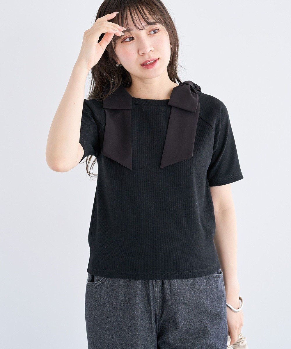 【グリーンパークス/Green Parks】の・swing by ショルダーリボンリブカットソー インテリア・キッズ・メンズ・レディースファッション・服の通販 founy(ファニー) 　ファッション　Fashion　レディースファッション　Fashion for Women　トップス・カットソー　Cut & Sew Tops　シャツ・ブラウス・オフィスカジュアル　Elegant Blouses & Button-Ups　ロングTシャツ・Tシャツ　Longline T-Shirts & Tees　カットソー・ベーシックTシャツ　Cut-and-Sewn Tops / Stretch Tees & Basics　おすすめ　Recommended / Our Picks　カットソー　Cut and Sewn Top　ショルダー　Shoulder, Shoulder Strap　スリーブ　Sleeve, Long Sleeve / Short Sleeve　ダウン　Down, Puffer　デニム　Denim, Jeans Material　フィット　Fit, Slim Fit　フェミニン　Feminine, Girly　ポケット　Pocket, Pocket Detail　リボン　Ribbon, Bow　夏　Summer　春　Spring　S/S・春夏　SS, Spring/Summer, Warm Season　Black|ID: prp329100004586800 ipo3291000000032526848