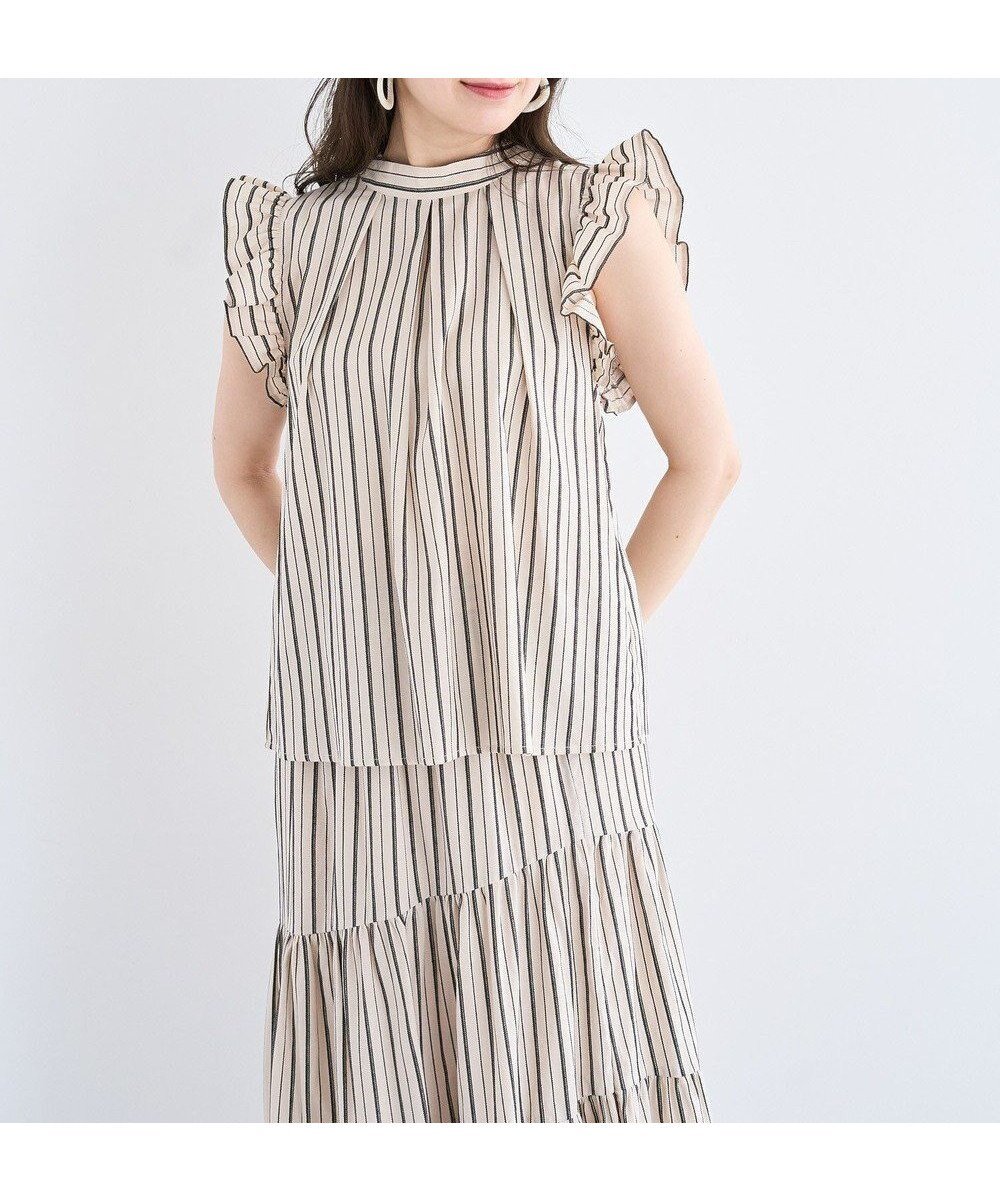 【グリーンパークス/Green Parks】の・ELENCARE DUE ストライプフリルブラウス インテリア・キッズ・メンズ・レディースファッション・服の通販 founy(ファニー) 　ファッション　Fashion　レディースファッション　Fashion for Women　トップス・カットソー　Cut & Sew Tops　シャツ・ブラウス・オフィスカジュアル　Elegant Blouses & Button-Ups　おすすめ　Recommended / Our Picks　サマー　Summer, Summer Style　ストライプ　Stripe, Striped Pattern　ノースリーブ　Sleeveless, No-Sleeve　フェミニン　Feminine, Girly　フリル　Frill, Ruffle　フロント　Front, Front Design　ポケット　Pocket, Pocket Detail　エレガント 上品　Elegant　夏　Summer　春　Spring　S/S・春夏　SS, Spring/Summer, Warm Season　Beige|ID: prp329100004586832 ipo3291000000032527083