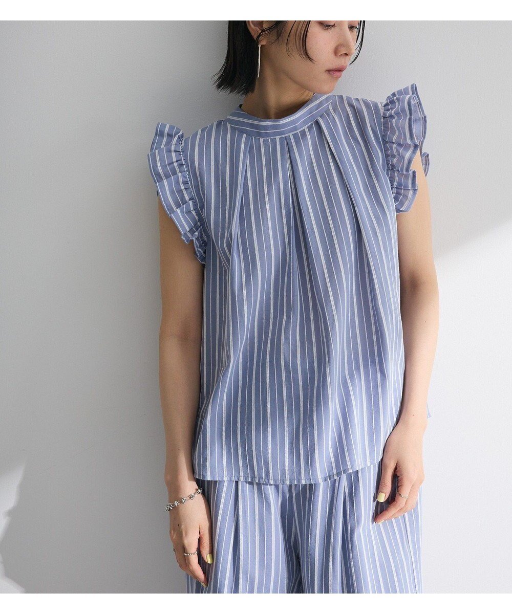 【グリーンパークス/Green Parks】の・ELENCARE DUE ストライプフリルブラウス インテリア・キッズ・メンズ・レディースファッション・服の通販 founy(ファニー) 　ファッション　Fashion　レディースファッション　Fashion for Women　トップス・カットソー　Cut & Sew Tops　シャツ・ブラウス・オフィスカジュアル　Elegant Blouses & Button-Ups　おすすめ　Recommended / Our Picks　サマー　Summer, Summer Style　ストライプ　Stripe, Striped Pattern　ノースリーブ　Sleeveless, No-Sleeve　フェミニン　Feminine, Girly　フリル　Frill, Ruffle　フロント　Front, Front Design　ポケット　Pocket, Pocket Detail　エレガント 上品　Elegant　夏　Summer　春　Spring　S/S・春夏　SS, Spring/Summer, Warm Season　Blue|ID: prp329100004586832 ipo3291000000032527084