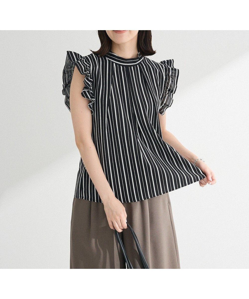 【グリーンパークス/Green Parks】の・ELENCARE DUE ストライプフリルブラウス インテリア・キッズ・メンズ・レディースファッション・服の通販 founy(ファニー) 　ファッション　Fashion　レディースファッション　Fashion for Women　トップス・カットソー　Cut & Sew Tops　シャツ・ブラウス・オフィスカジュアル　Elegant Blouses & Button-Ups　おすすめ　Recommended / Our Picks　サマー　Summer, Summer Style　ストライプ　Stripe, Striped Pattern　ノースリーブ　Sleeveless, No-Sleeve　フェミニン　Feminine, Girly　フリル　Frill, Ruffle　フロント　Front, Front Design　ポケット　Pocket, Pocket Detail　エレガント 上品　Elegant　夏　Summer　春　Spring　S/S・春夏　SS, Spring/Summer, Warm Season　Black|ID: prp329100004586832 ipo3291000000032698953