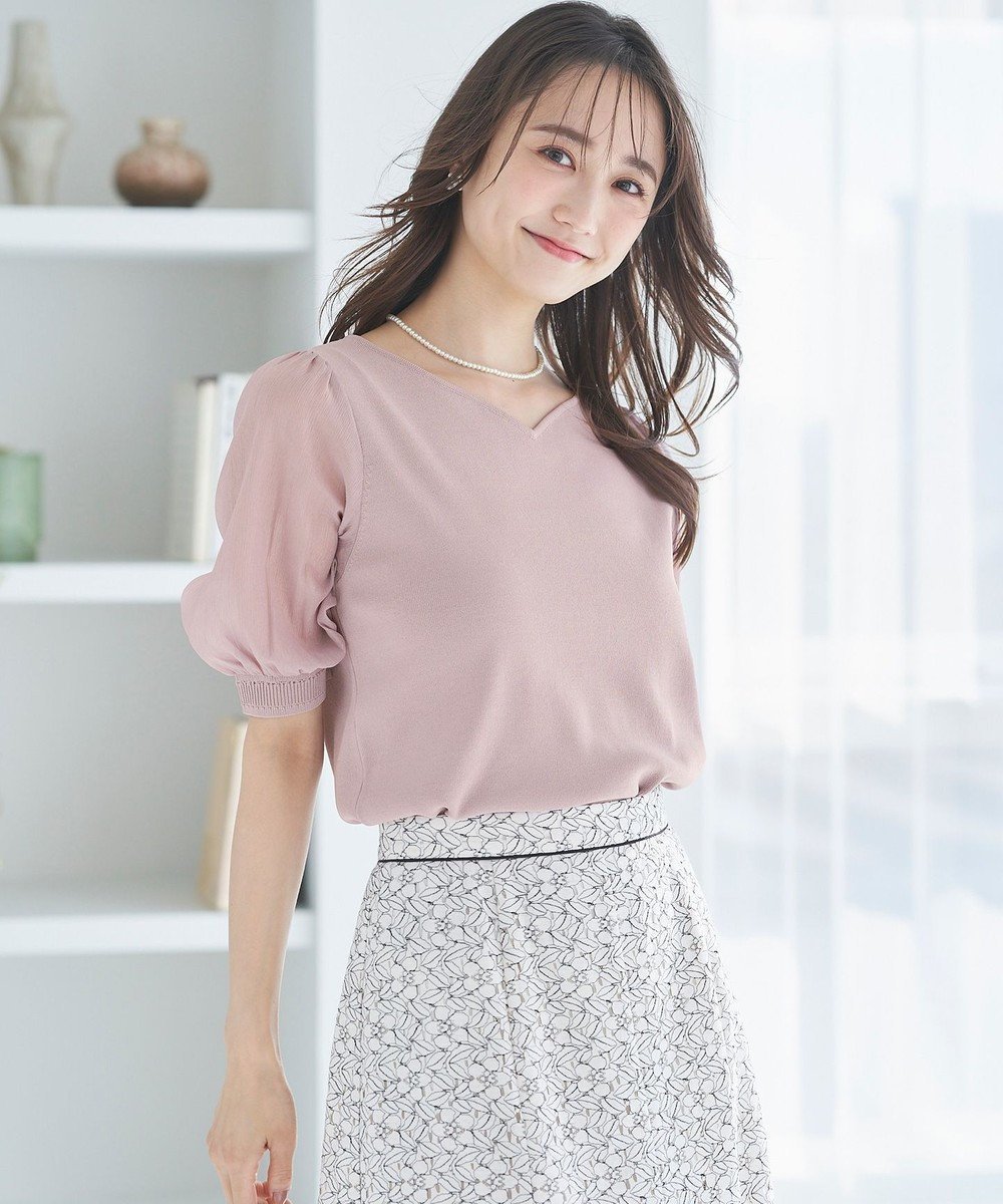 【エニィ スィス/any SiS】の【洗える】ハートネックファブリックコンビ ニット インテリア・キッズ・メンズ・レディースファッション・服の通販 founy(ファニー) 　ファッション　Fashion　レディースファッション　Ladies' Fashion Online　トップス・カットソー　Tops/Tshirt　ニット　Knit Tops　おすすめ　Recommend　コンビ　Combination　シアー　Sheer　シンプル　Simple　ストレッチ　Stretch　セーター　Sweater　トレンド　Trend　フェミニン　Feminine　半袖　Short Sleeve　夏　Summer　春　Spring　S/S・春夏　Ss・Spring/Summer　洗える　Washable　ビジネス 仕事 通勤　Business　ピンク|ID: prp329100004589518 ipo3291000000032668907