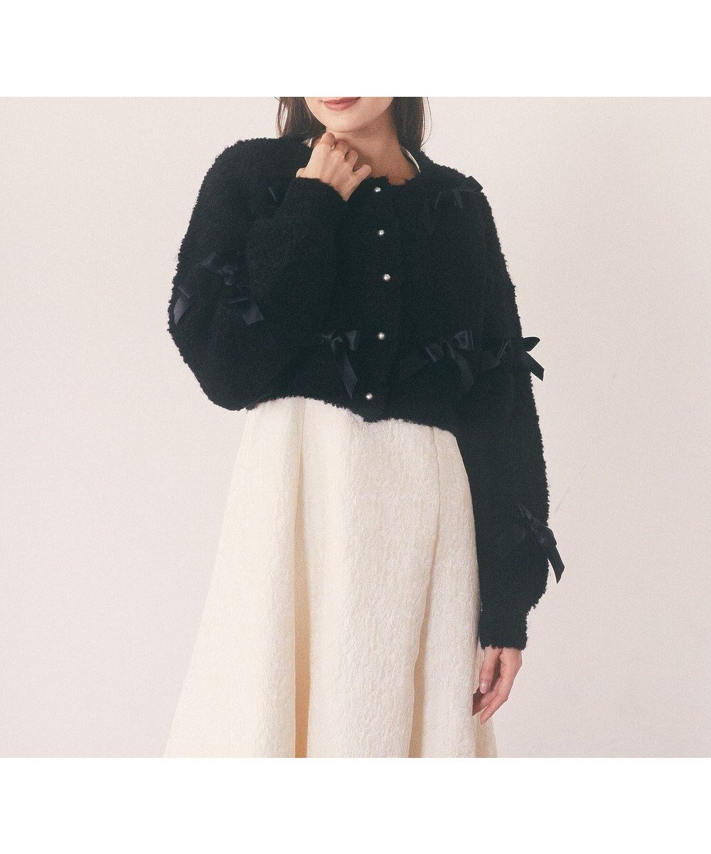 【メゾンドフルール/Maison de FLEUR】の絆のリボンカーディガン インテリア・キッズ・メンズ・レディースファッション・服の通販 founy(ファニー) 　ファッション　Fashion　レディースファッション　Fashion for Women　トップス・カットソー　Cut & Sew Tops　カーディガン・羽織り　Layered Style Cardigans　カーディガン　Cardigan, Knitwear　サテン　Satin, Glossy Fabric　トレンド　Trend, Trending Now　リボン　Ribbon, Bow　今季　This Season, Current Season　A/W・秋冬　Autumn/Winter　Black|ID: prp329100004590354 ipo3291000000032570984