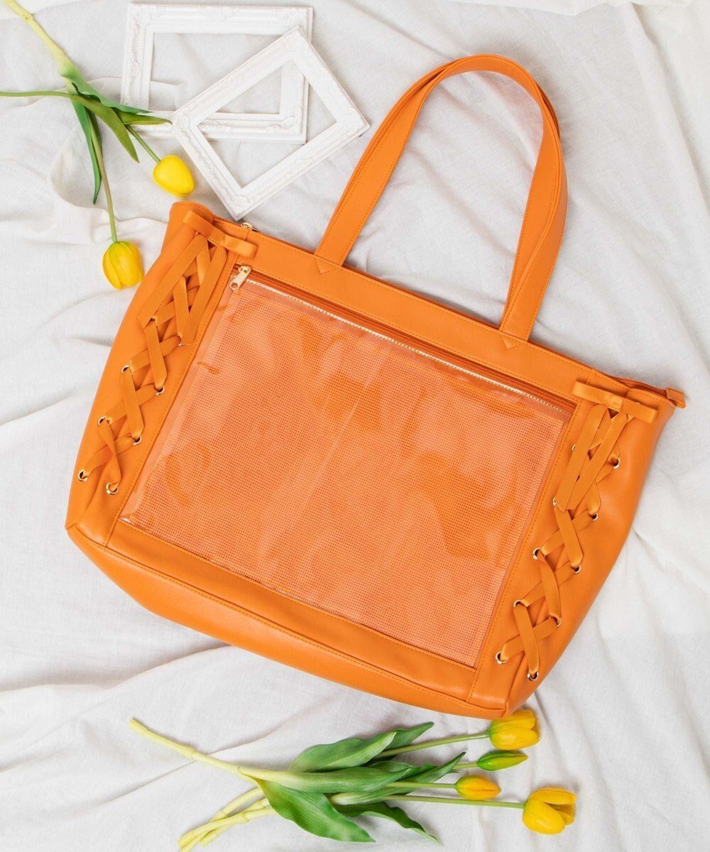 【ウィゴー/WEGO】の【痛バ&推し活グッズ】レースアップ痛バッグL インテリア・キッズ・メンズ・レディースファッション・服の通販 founy(ファニー) 　ファッション　Fashion　レディースファッション　Fashion for Women　バッグ　Bags　ギンガム　Gingham, Gingham Fabric　クッション　Cushion, Throw Pillow　サテン　Satin, Glossy Fabric　チェック　Check, Plaid, Tartan　ポケット　Pocket, Pocket Detail　メッシュ　Mesh, Net Fabric　レース　Lace, Lace Fabric　オレンジ|ID: prp329100004591363 ipo3291000000032588095