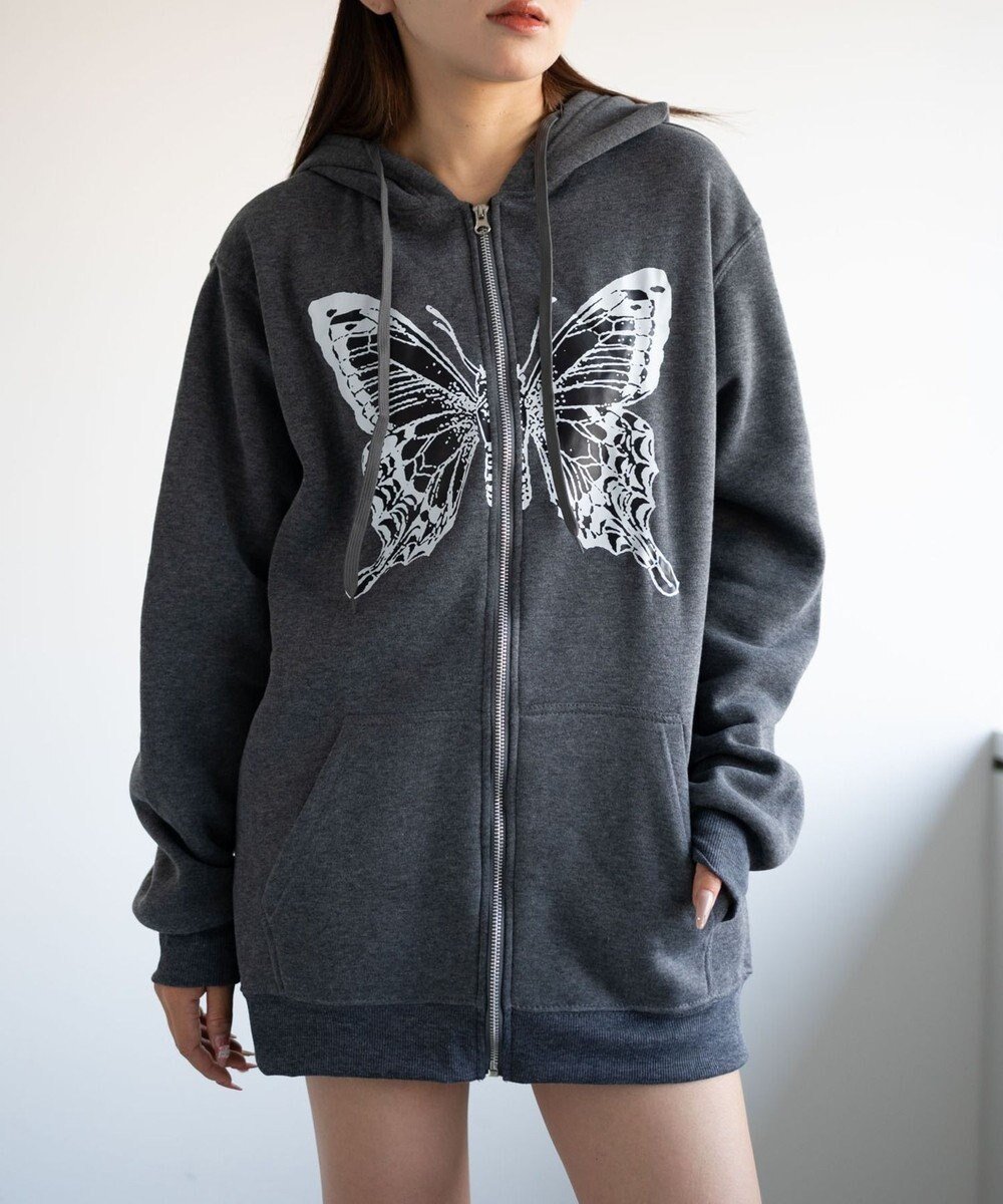 【ウィゴー/WEGO】のバタフライBIGZIPパーカー インテリア・キッズ・メンズ・レディースファッション・服の通販 founy(ファニー) 　ファッション　Fashion　レディースファッション　Ladies' Fashion Online　トップス・カットソー　Tops/Tshirt　パーカ　Sweats　おすすめ　Recommend　ショート　Short　スマホ　Smartphone　バタフライ　Butterfly　パーカー　Hoodie　ビッグ　Big　ポケット　Pocket　ロング　Long　再入荷　Restock/Back In Stock/Re Arrival　A/W・秋冬　Aw・Autumn/Winter・Fw・Fall-Winter　長袖　Long Sleeve　ブラック中濃色|ID: prp329100004591370 ipo3291000000032588212