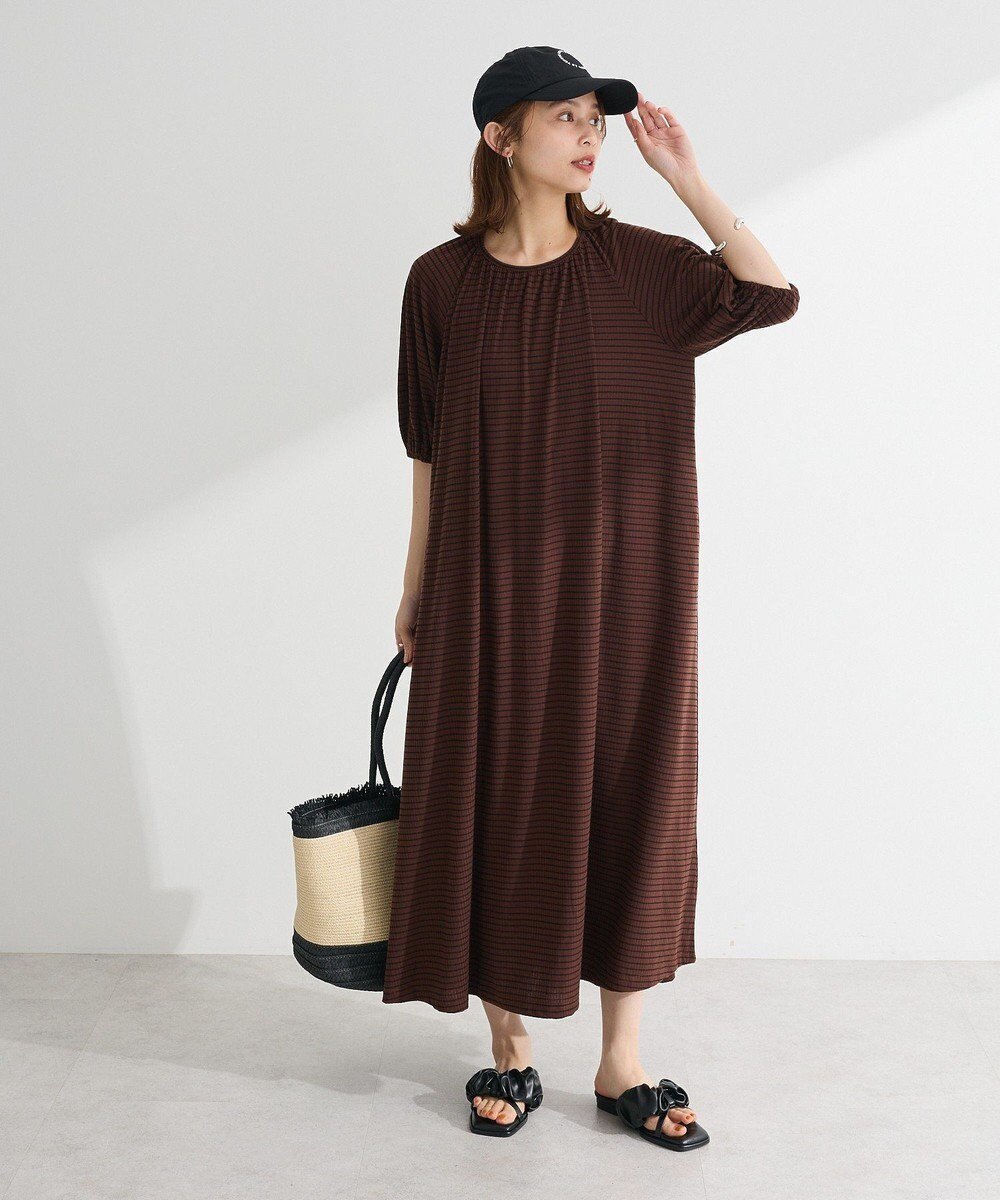 【グリーンパークス/Green Parks】の・SUGAR SPOON ボーダーリブワンピース インテリア・キッズ・メンズ・レディースファッション・服の通販 founy(ファニー) 　ファッション　Fashion　レディースファッション　Fashion for Women　ワンピース　Dresses　おすすめ　Recommended / Our Picks　ギャザー　Gathered, Ruffled　スリーブ　Sleeve, Long Sleeve / Short Sleeve　バルーン　Balloon, Balloon Silhouette　ボーダー　Border, Stripe　ポケット　Pocket, Pocket Detail　リボン　Ribbon, Bow　ロング　Long, Long-Length　夏　Summer　春　Spring　S/S・春夏　SS, Spring/Summer, Warm Season　Brown|ID: prp329100004591419 ipo3291000000032588476