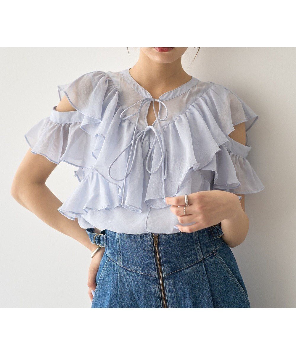 【アースミュージックアンドエコロジー/earth music&ecology】の2WAYフリルブラウス インテリア・キッズ・メンズ・レディースファッション・服の通販 founy(ファニー) 　ファッション　Fashion　レディースファッション　Fashion for Women　トップス・カットソー　Cut & Sew Tops　シャツ・ブラウス・オフィスカジュアル　Elegant Blouses & Button-Ups　シアー　Sheer, See-Through　スリーブ　Sleeve, Long Sleeve / Short Sleeve　フリル　Frill, Ruffle　ポケット　Pocket, Pocket Detail　リボン　Ribbon, Bow　夏　Summer　春　Spring　S/S・春夏　SS, Spring/Summer, Warm Season　Sax|ID: prp329100004591442 ipo3291000000032588570