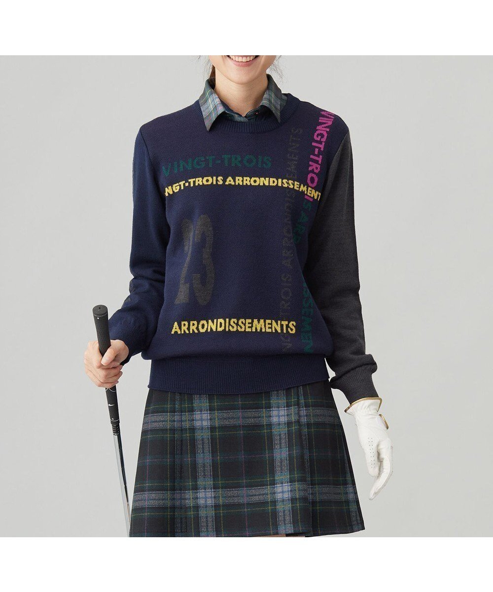 【23区 ゴルフ/NIJYUSANKU GOLF】の【WOMEN】ロゴチェックジャガード クルーネック ニット インテリア・キッズ・メンズ・レディースファッション・服の通販 founy(ファニー) 　ファッション　Fashion　レディースファッション　Fashion for Women　トップス・カットソー　Cut & Sew Tops　ニット　Knit Tops & Sweaters　おすすめ　Recommended / Our Picks　インナー　Innerwear　シンプル　Simple, Minimal　ジャカード／ジャガード　Jacquard, Woven Pattern　セーター　Sweater, Knitwear　フロント　Front, Front Design　ポロシャツ　Polo Shirt, Collared Tee　メンズ　Men's, Menswear　モックネック　Mock Neck, Short Turtleneck　A/W・秋冬　Autumn/Winter　ネイビー系|ID: prp329100004596317 ipo3291000000032663424
