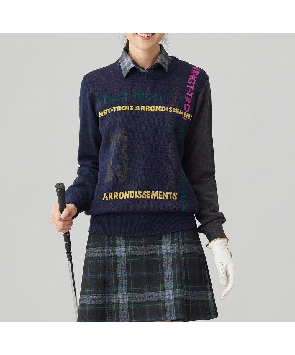 【23区 ゴルフ/NIJYUSANKU GOLF】の【WOMEN】ロゴチェックジャガード クルーネック ニット インテリア・キッズ・メンズ・レディースファッション・服の通販 founy(ファニー) 　ファッション　Fashion　レディースファッション　Fashion for Women　トップス・カットソー　Cut & Sew Tops　ニット　Knit Tops & Sweaters　おすすめ　Recommended / Our Picks　インナー　Innerwear　シンプル　Simple, Minimal　ジャカード／ジャガード　Jacquard, Woven Pattern　セーター　Sweater, Knitwear　フロント　Front, Front Design　ポロシャツ　Polo Shirt, Collared Tee　メンズ　Men's, Menswear　モックネック　Mock Neck, Short Turtleneck　A/W・秋冬　Autumn/Winter　ネイビー系|ID: prp329100004596317 ipo3291000000033711034