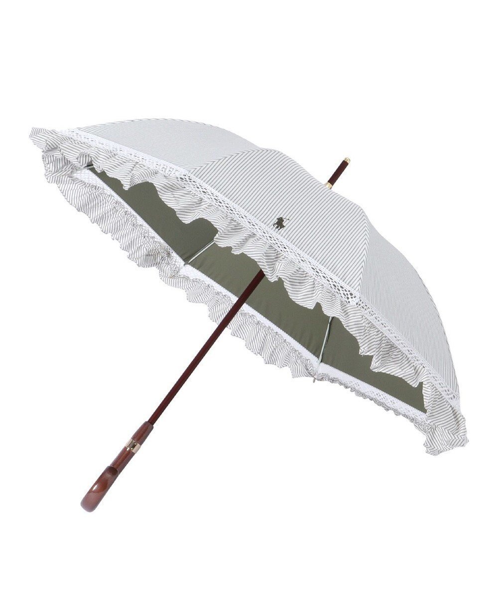 【ムーンバット/MOONBAT】のPOLO RALPH LAUREN 晴雨兼用 長傘 ストライプフリル 日傘 一級遮光 遮熱 UV インテリア・キッズ・メンズ・レディースファッション・服の通販 founy(ファニー) 　ファッション　Fashion　レディースファッション　Ladies' Fashion Online　傘 / レイングッズ　Umbrellas/Rainwear　アイビー　Ivy　傘　Umbrella　ストライプ　Stripe　ニューヨーク　New York　フリル　Frills　日傘　Parasol　カーキー|ID: prp329100004597118 ipo3291000000032671676