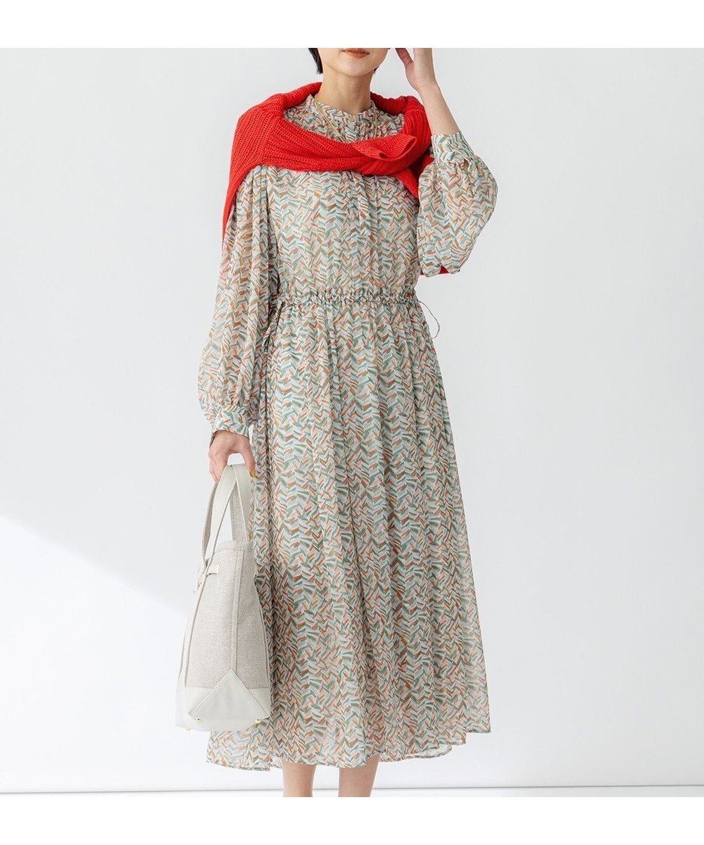 【23区/NIJYUSANKU】の【洗える】シアーヘリンボーンプリント ワンピース 人気、トレンドファッション・服の通販 founy(ファニー) 　ファッション　Fashion　レディースファッション　Fashion for Women　ワンピース　Dresses　エレガント 上品　Elegant　オレンジ　Orange　春　Spring　洗える　Machine Washable　ギャザー　Gathered, Ruffled　シアー　Sheer, See-Through　ジョーゼット　Georgette, Semi-Sheer Fabric　スカーフ　Scarf, Neckwear　長袖　Long Sleeve, Full Sleeve　フランス　France, French　プリント　Print, Printed Pattern　メタル　Metal, Metal Parts　ランダム　Random, Irregular　S/S・春夏　SS, Spring/Summer, Warm Season　おすすめ　Recommended / Our Picks　夏　Summer　2025年　2025　2025春夏・S/S　Spring/Summer 2025 SS25　 other-1|ID: prp329100004599453 ipo3291000000035421215