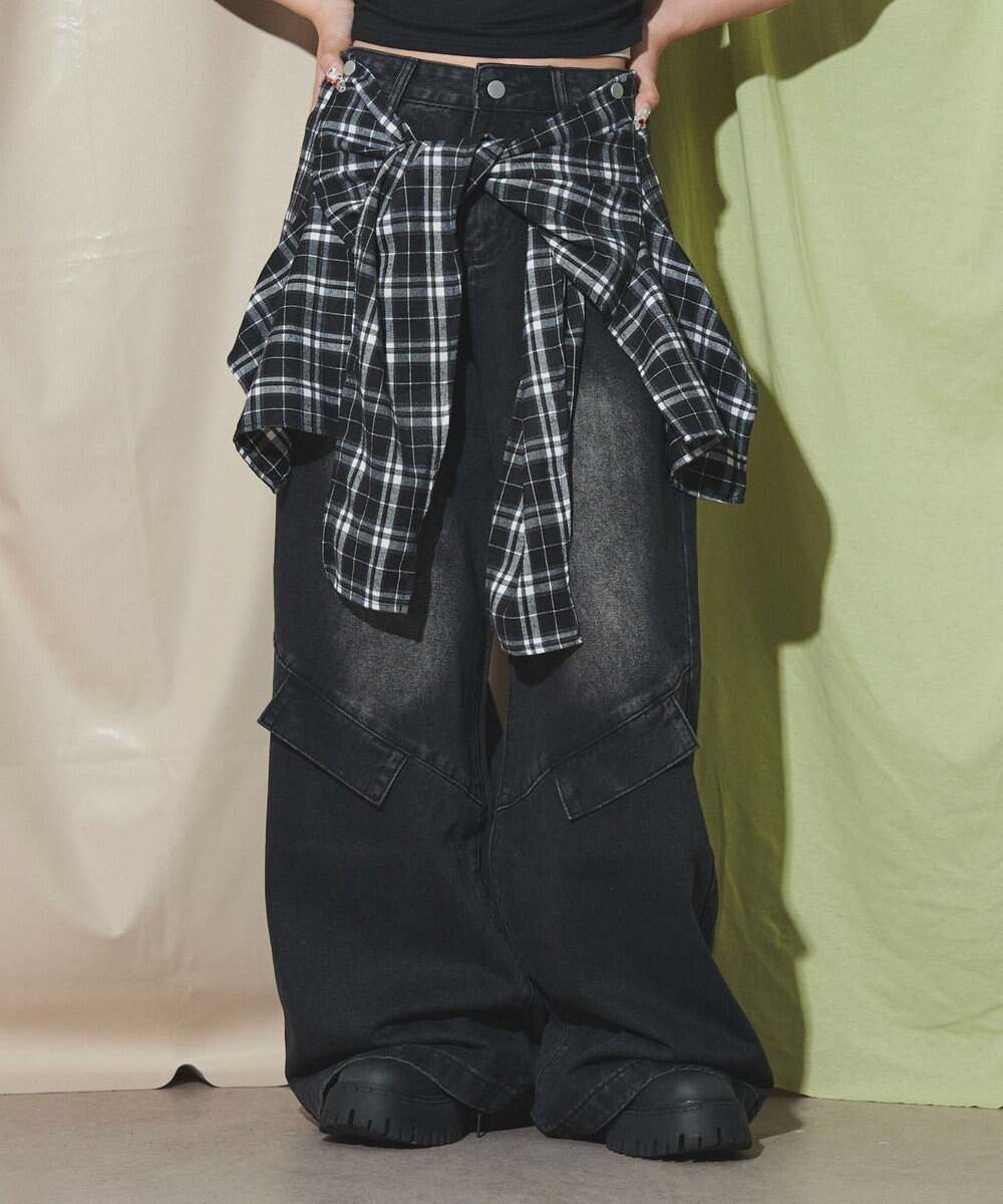 【ウィゴー/WEGO】のフェイクシャツスリーブデニム インテリア・キッズ・メンズ・レディースファッション・服の通販 founy(ファニー) 　ファッション　Fashion　レディースファッション　Fashion for Women　パンツ　Pants & Trousers　デニムパンツ・ジーンズ・美脚デニム　Denim Jeans & Pants　ウォッシュ　Washed Finish　春　Spring　秋　Autumn　シンプル　Simple, Minimal　スマホ　Smartphone, Mobile Device　チェック　Check, Plaid, Tartan　デニム　Denim, Jeans Material　ドッキング　Docking, Mixed Material　ビッグ　Big, Oversized　冬　Winter / This Winter　S/S・春夏　SS, Spring/Summer, Warm Season　新作・新入荷　New Arrivals / New In　おすすめ　Recommended / Our Picks　夏　Summer　ブラック|ID: prp329100004599729 ipo3291000000032697951