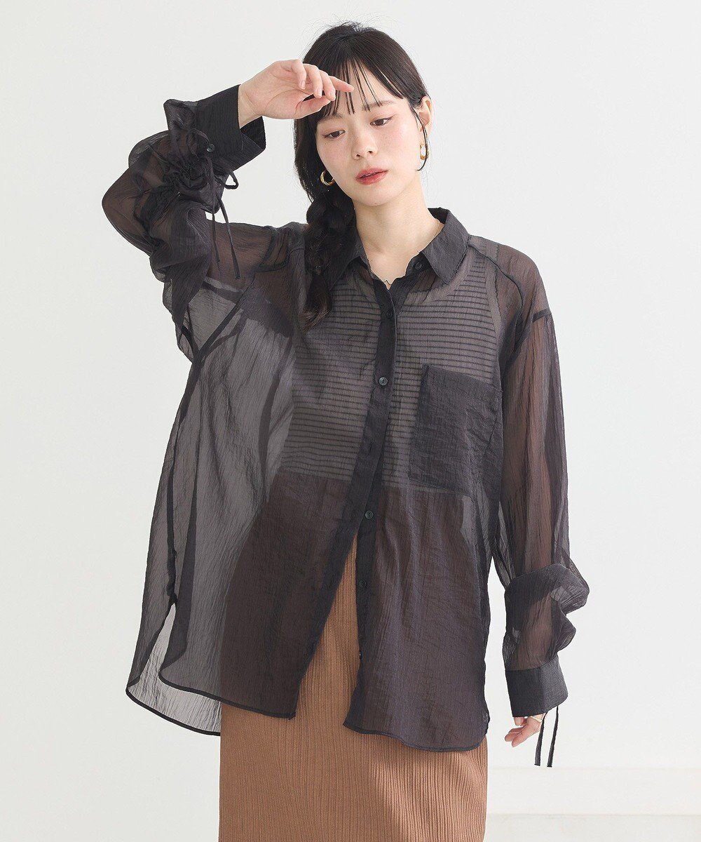 【アースミュージックアンドエコロジー/earth music&ecology】のバックドロストシアーストライプオーバーシャツ インテリア・キッズ・メンズ・レディースファッション・服の通販 founy(ファニー) 　ファッション　Fashion　レディースファッション　Fashion for Women　トップス・カットソー　Cut & Sew Tops　シャツ・ブラウス・オフィスカジュアル　Elegant Blouses & Button-Ups　新作・新入荷　New Arrivals / New In　おすすめ　Recommended / Our Picks　ギャザー　Gathered, Ruffled　シンプル　Simple, Minimal　ストライプ　Stripe, Striped Pattern　フロント　Front, Front Design　ヘムライン　Hemline, Bottom Cut　ポケット　Pocket, Pocket Detail　モノトーン　Monotone, Black and White　夏　Summer　春　Spring　S/S・春夏　SS, Spring/Summer, Warm Season　無地　Plain, Solid Color　Black|ID: prp329100004600783 ipo3291000000032710432